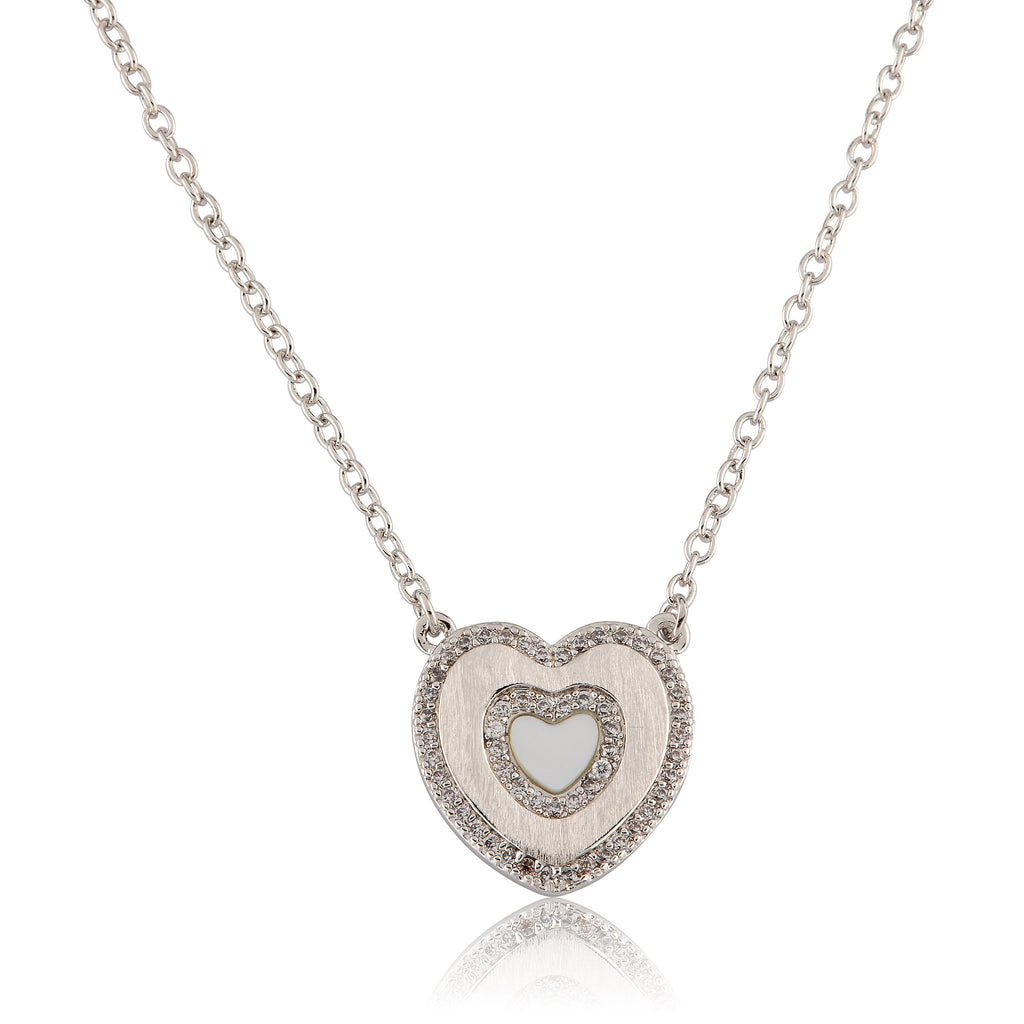 Brushed Cz Framed Mother Of Pearl Center Heart Necklace