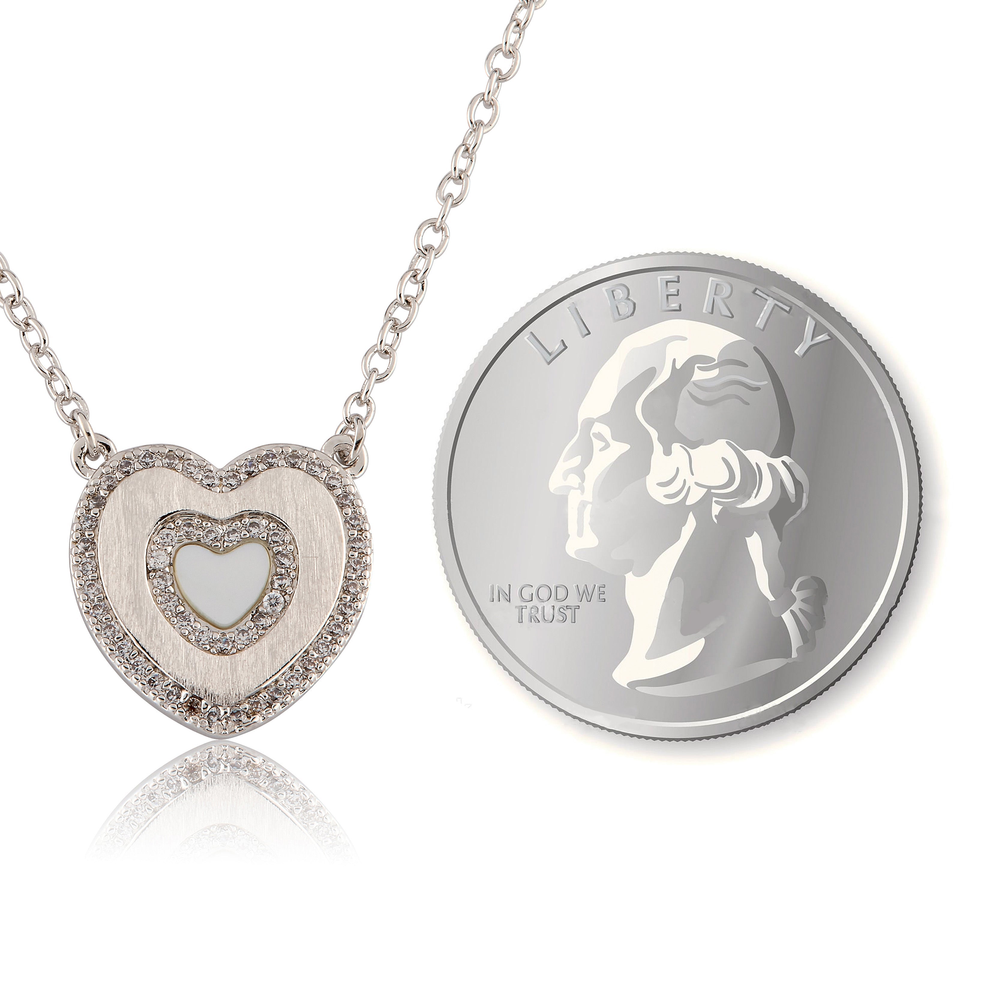 Brushed Cz Framed Mother Of Pearl Center Heart Necklace