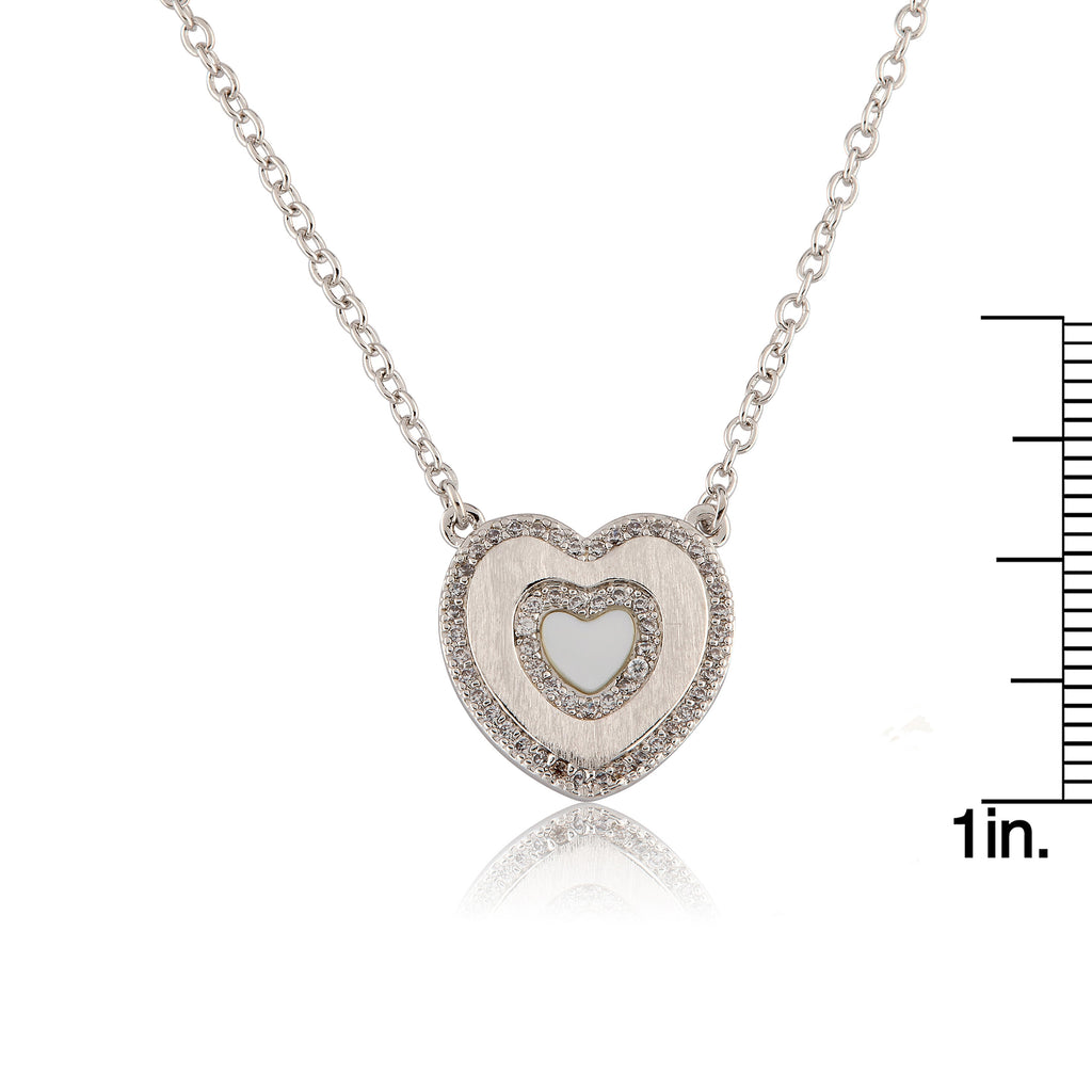 Brushed Cz Framed Mother Of Pearl Center Heart Necklace