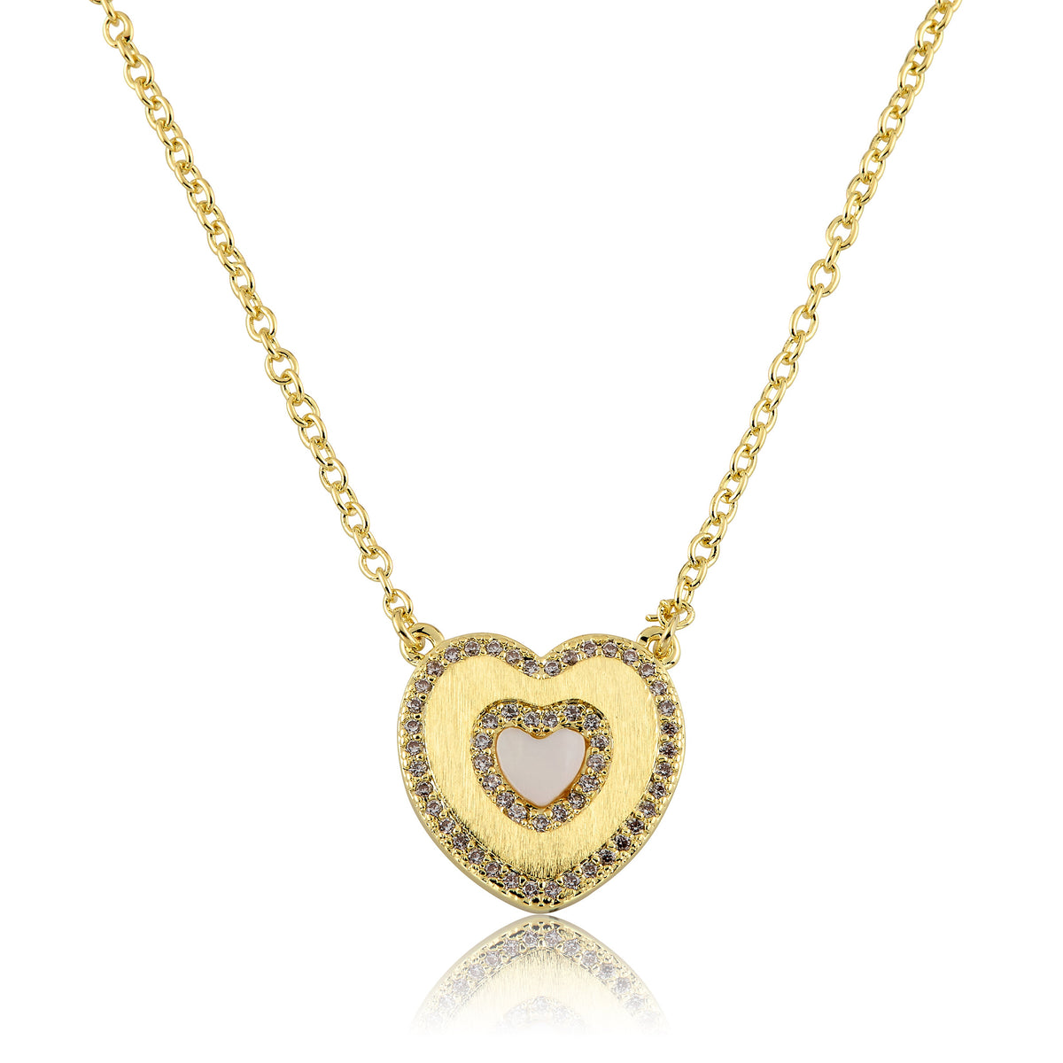 Brushed Cz Framed Mother Of Pearl Center Heart Necklace