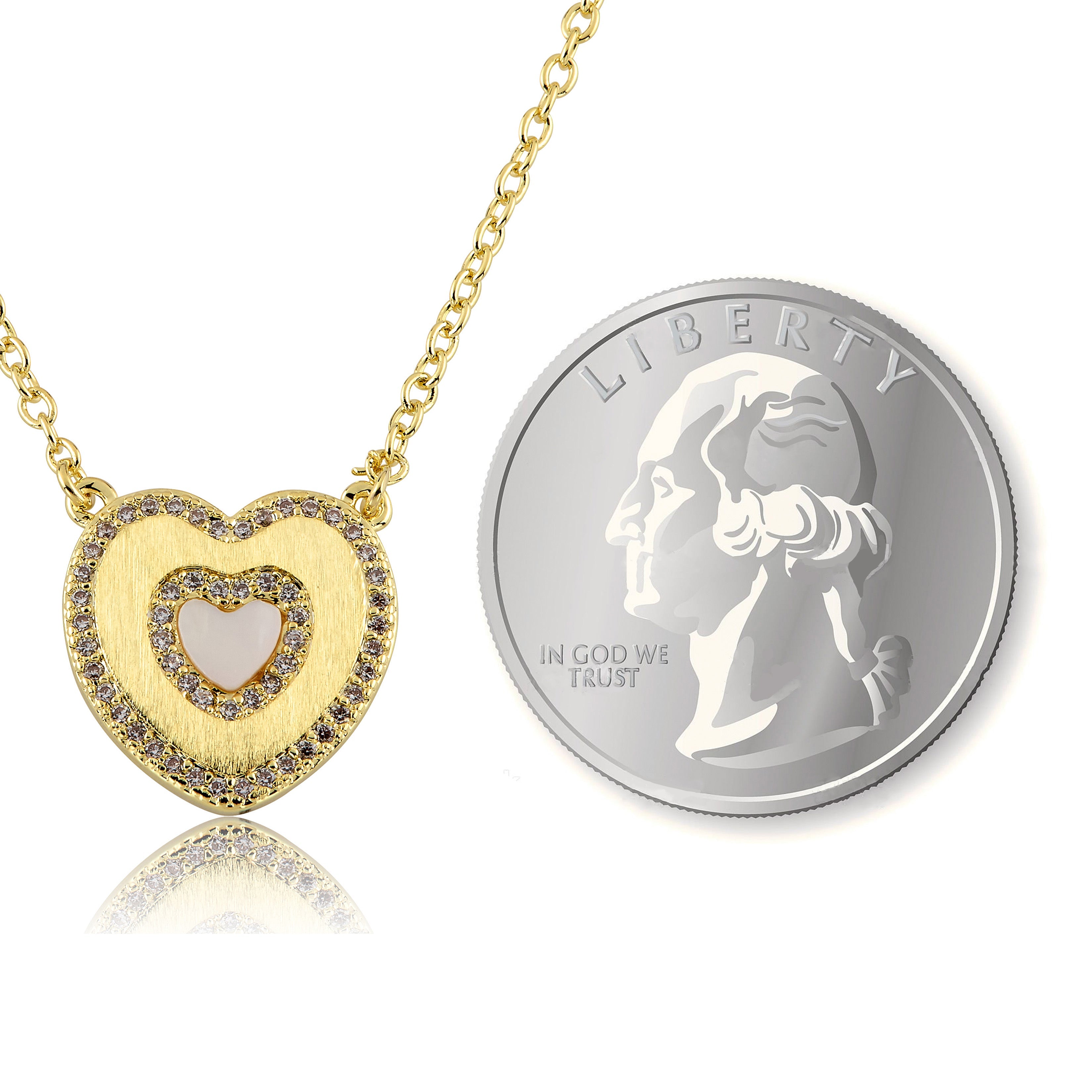Brushed Cz Framed Mother Of Pearl Center Heart Necklace