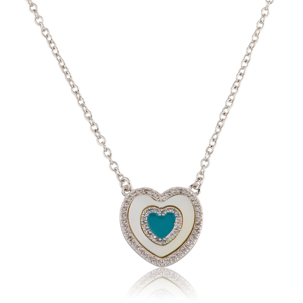 Brushed  Cz Framed Mother Of Pearl & Turquoise Center Necklace