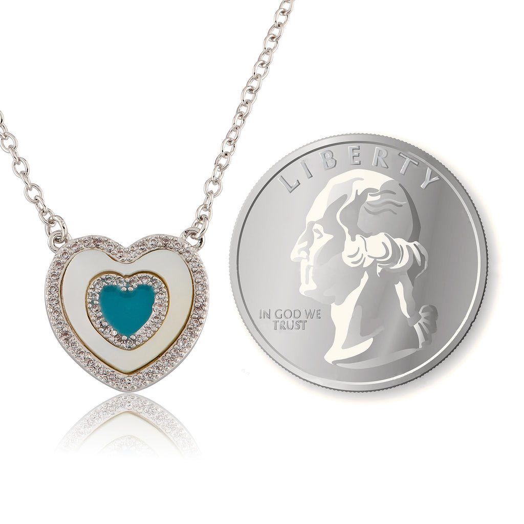 Brushed  Cz Framed Mother Of Pearl & Turquoise Center Necklace