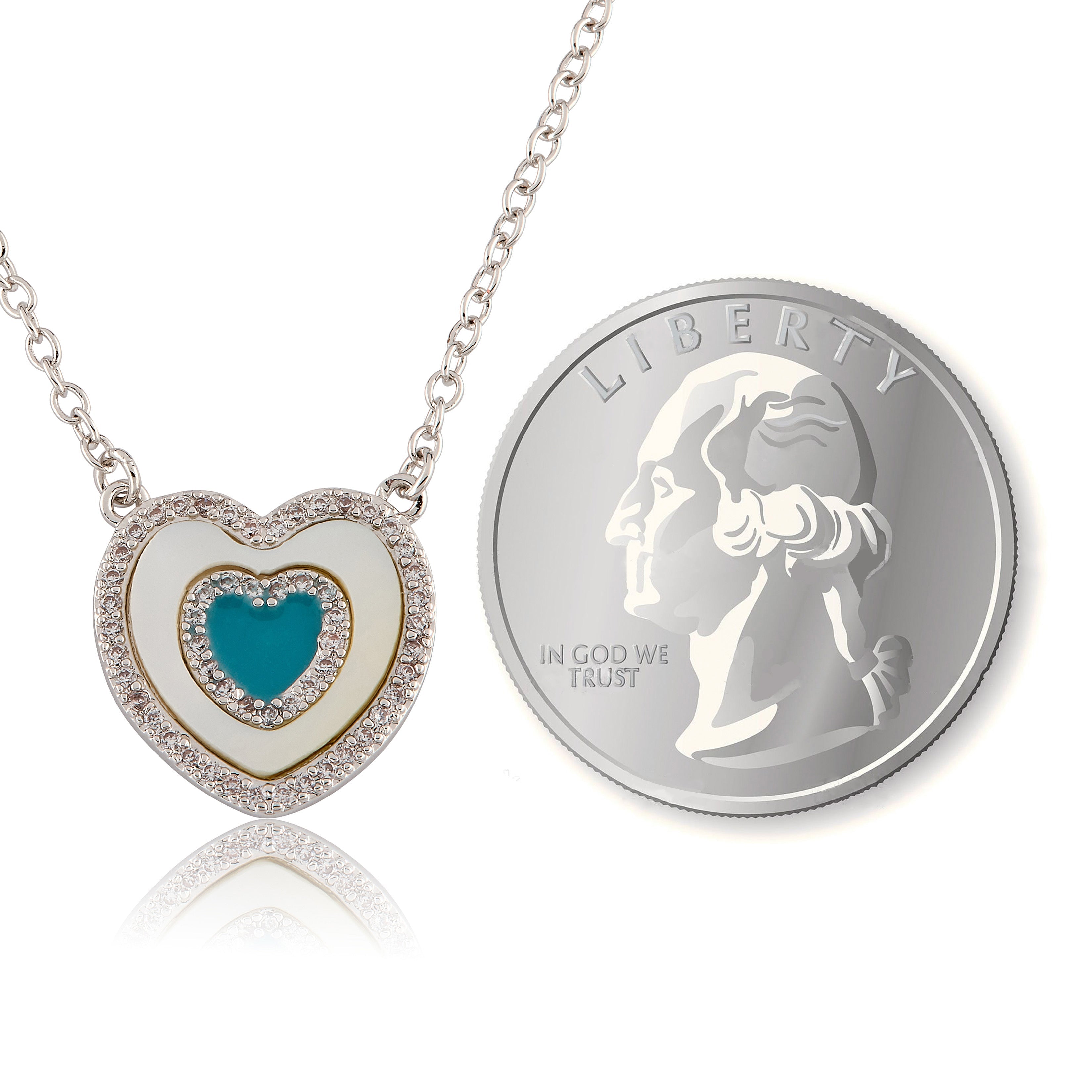 Brushed  Cz Framed Mother Of Pearl & Turquoise Center Necklace