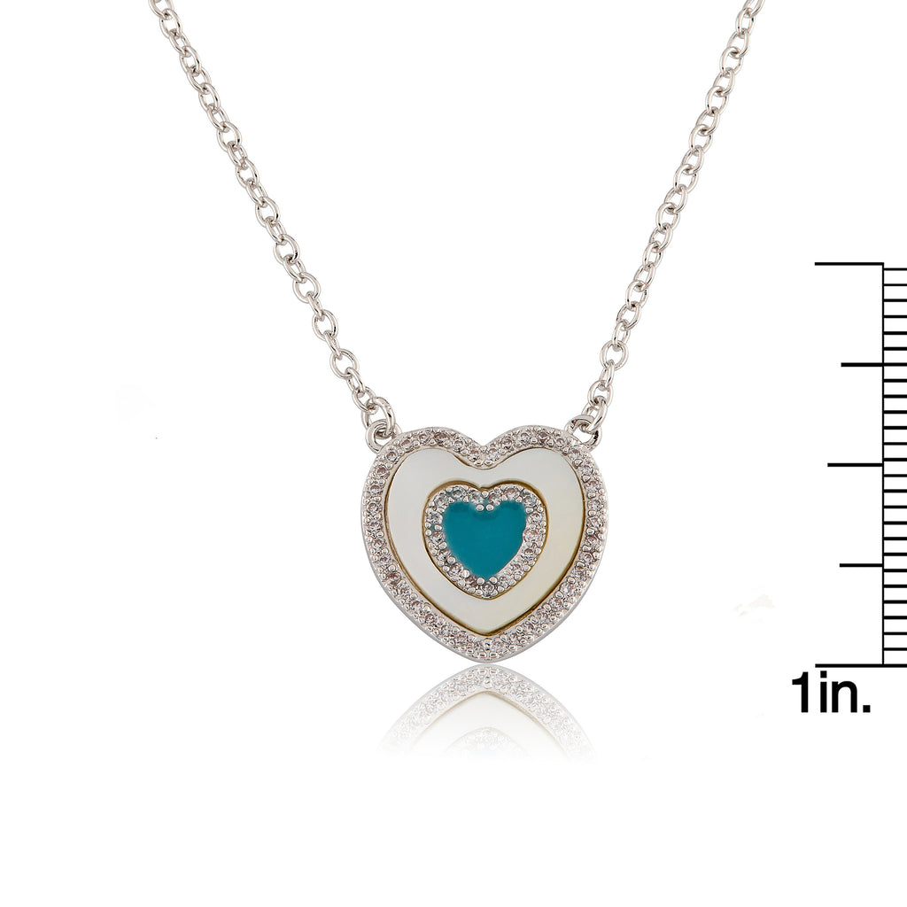 Brushed  Cz Framed Mother Of Pearl & Turquoise Center Necklace