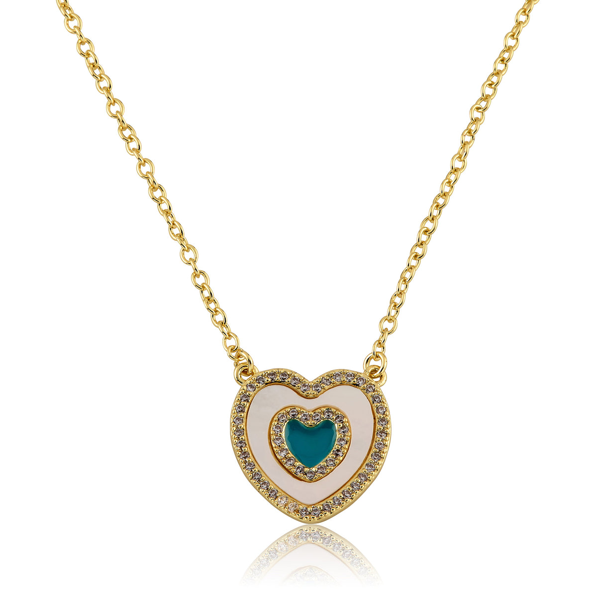 Brushed  Cz Framed Mother Of Pearl & Turquoise Center Necklace