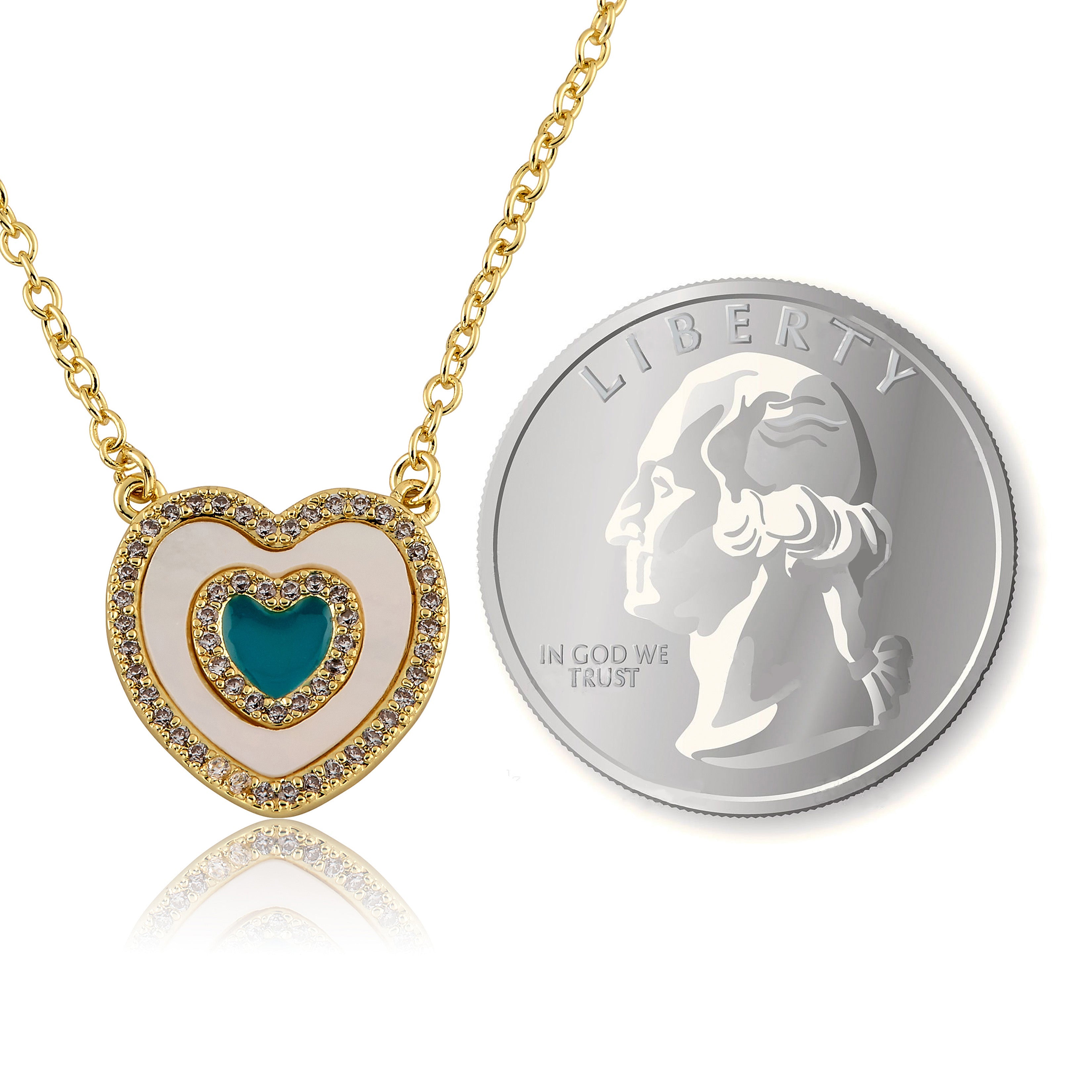 Brushed  Cz Framed Mother Of Pearl & Turquoise Center Necklace