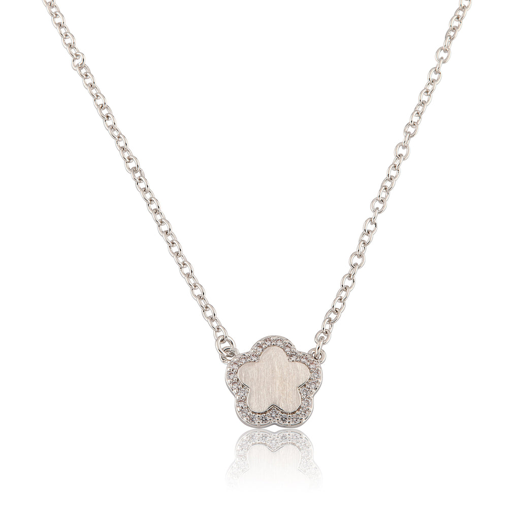 Brushed  Cz Framed Flower Necklace