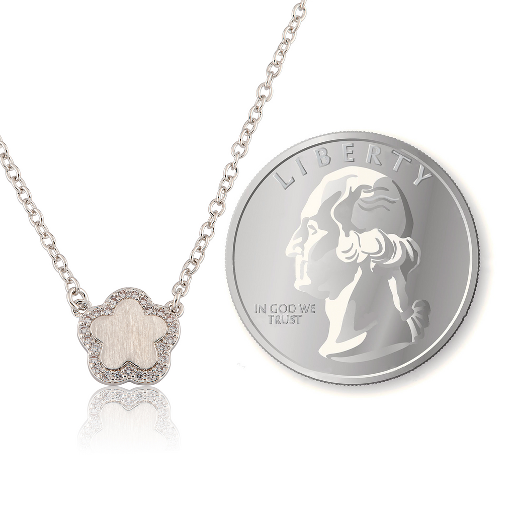 Brushed  Cz Framed Flower Necklace