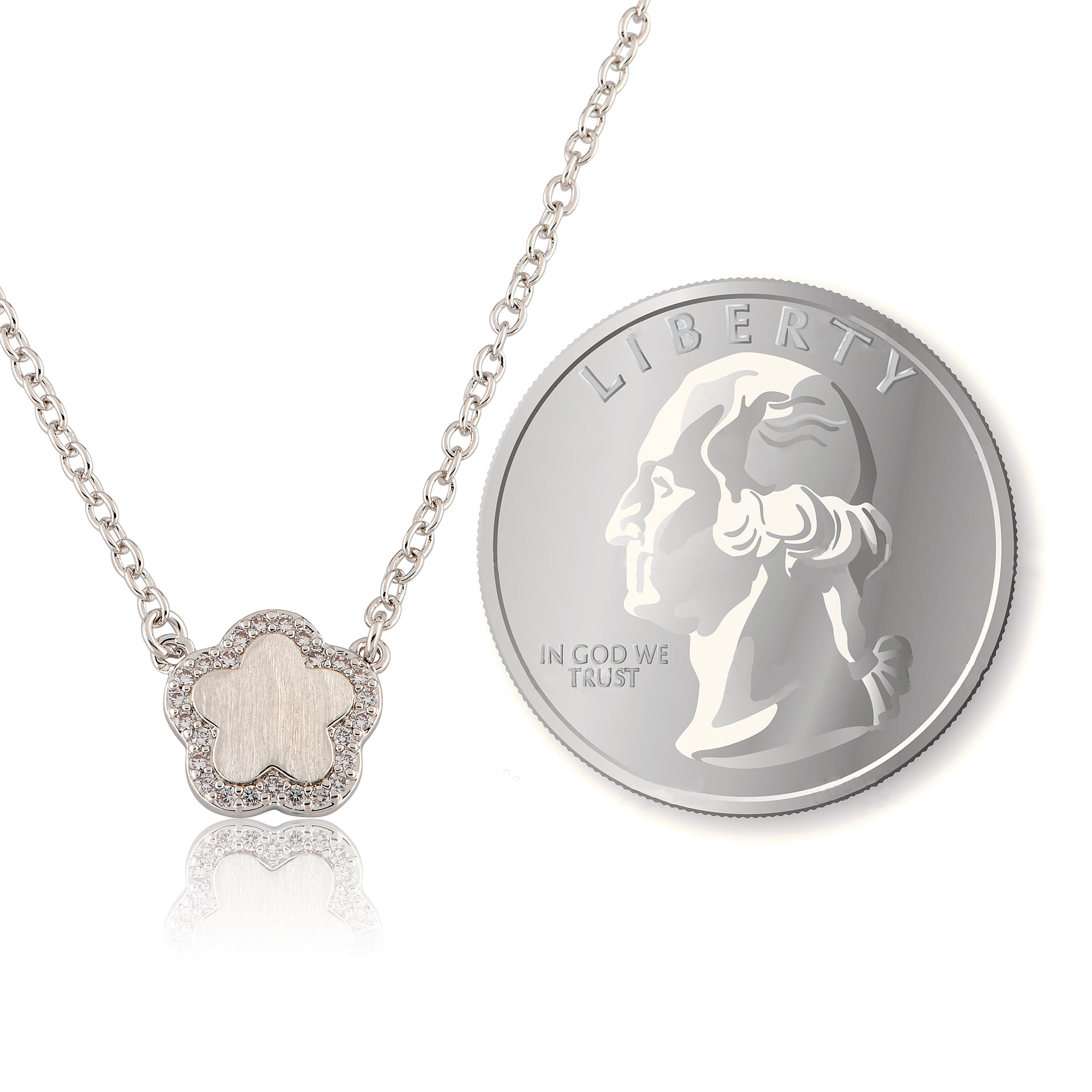 Brushed  Cz Framed Flower Necklace