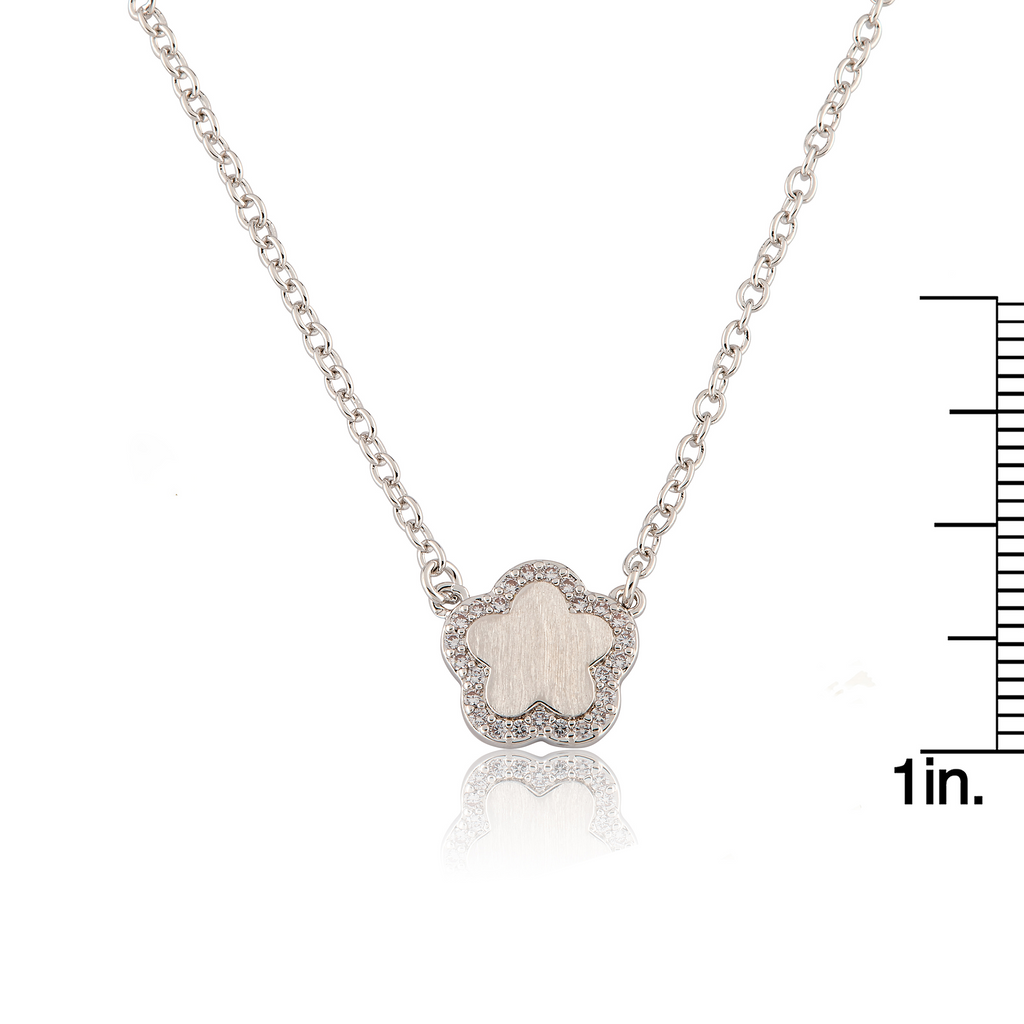 Brushed  Cz Framed Flower Necklace