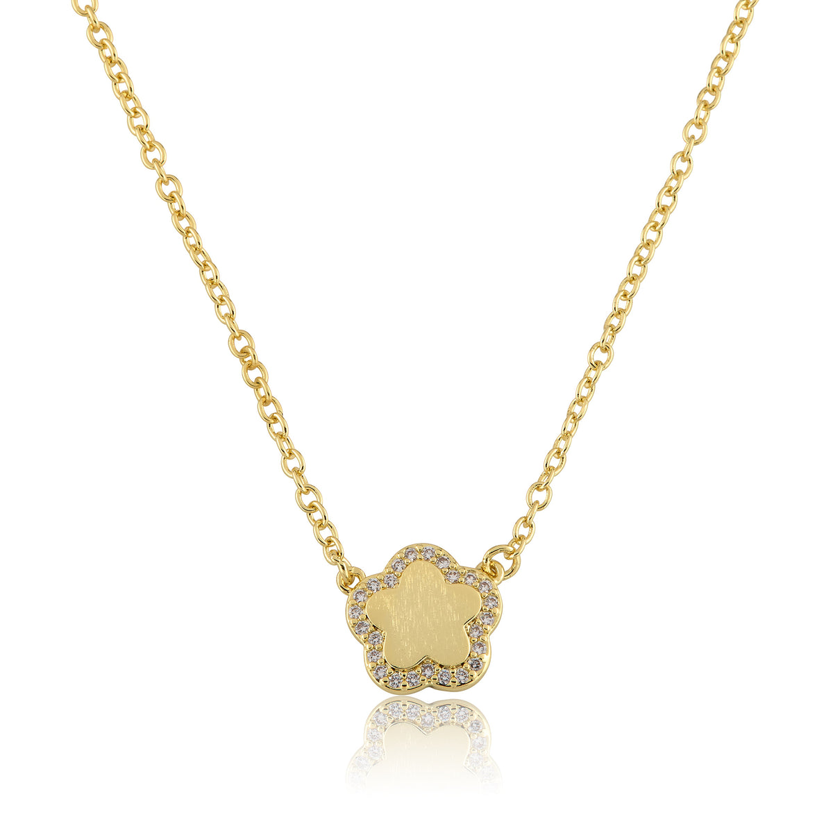 Brushed  Cz Framed Flower Necklace