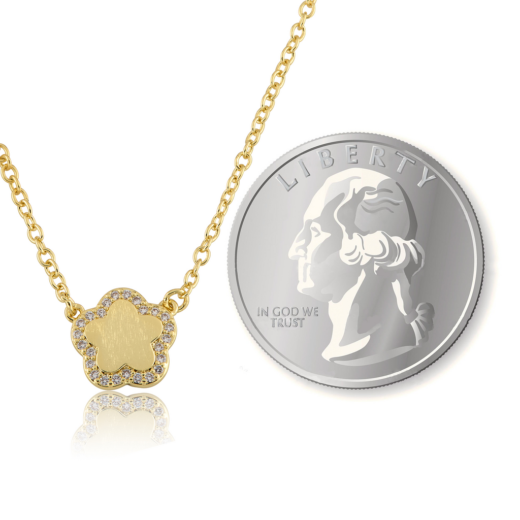Brushed  Cz Framed Flower Necklace