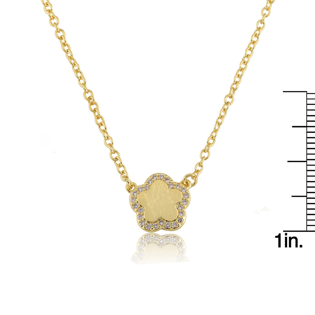 Brushed  Cz Framed Flower Necklace