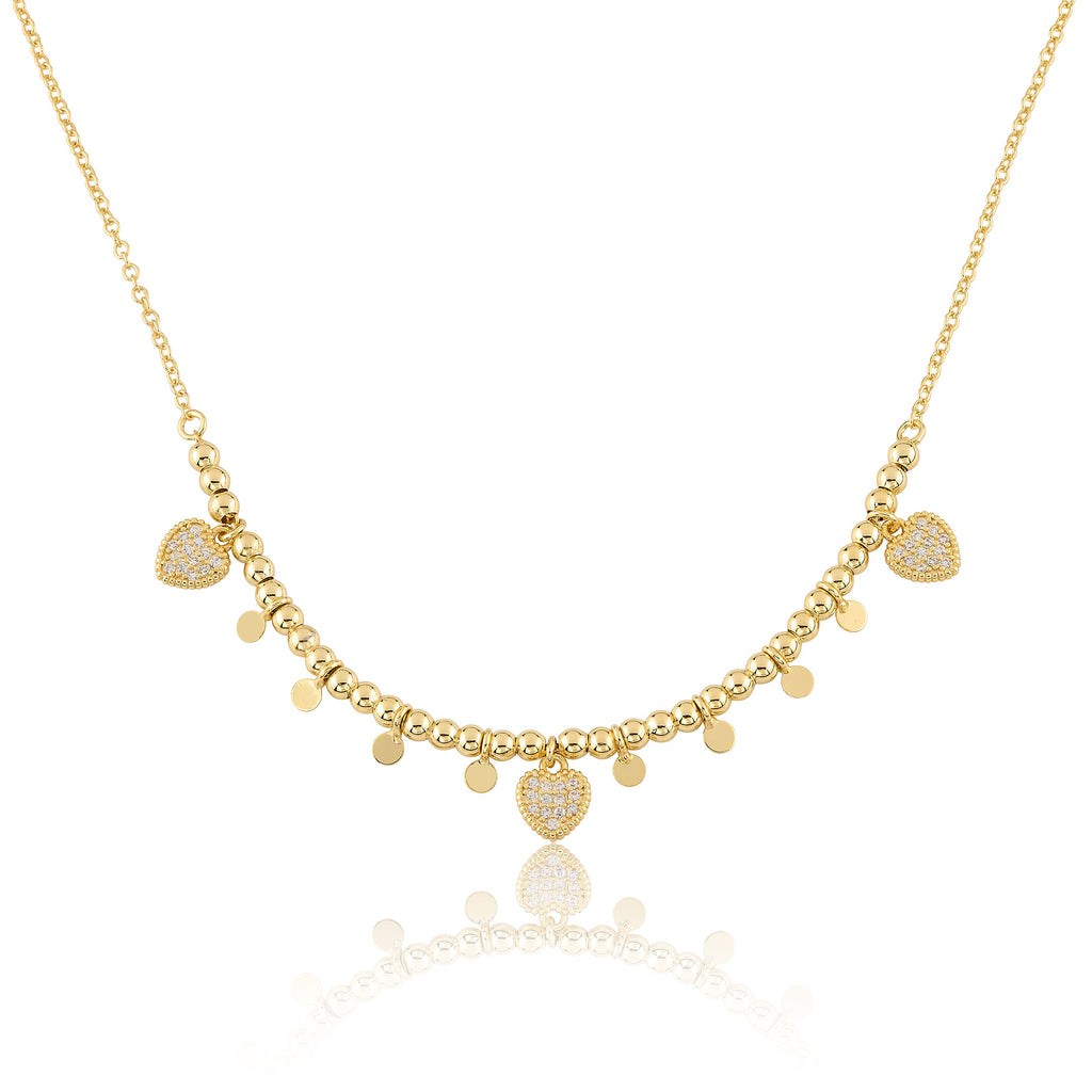 Bead & Disc Dangles CZ Hearts Necklace