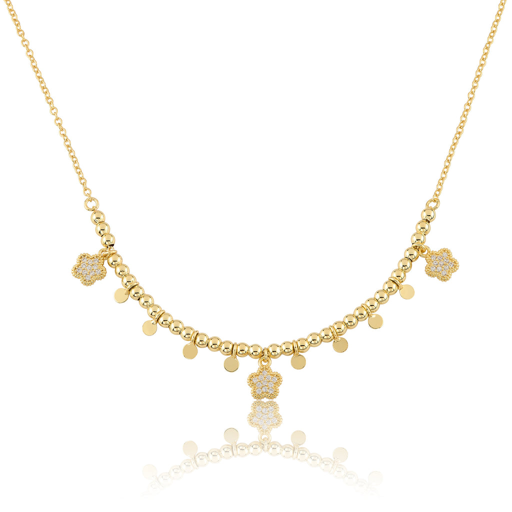 Bead & Disc Dangles CZ Flowers Necklace