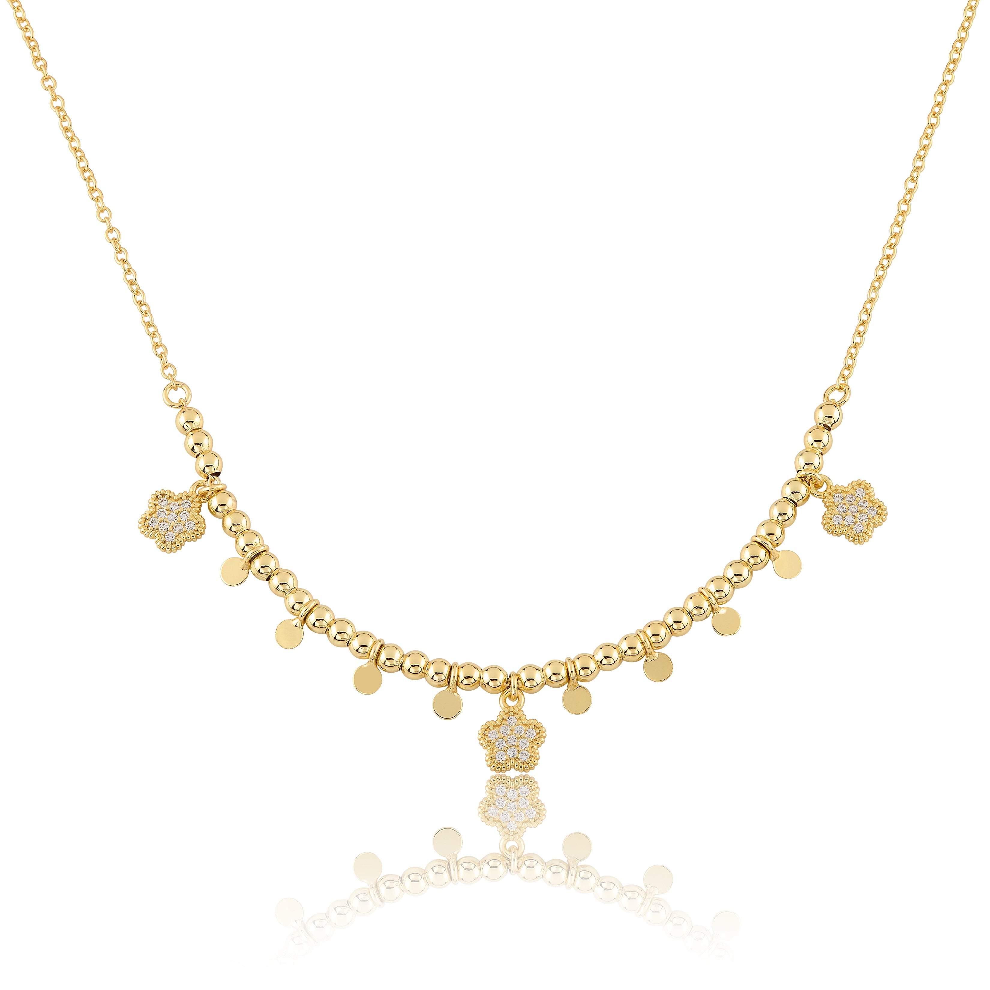Bead & Disc Dangles CZ Flowers Necklace