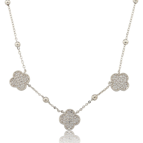 14K Gold Plated 3 Pave CZ Clover Pendants On Bead Necklace