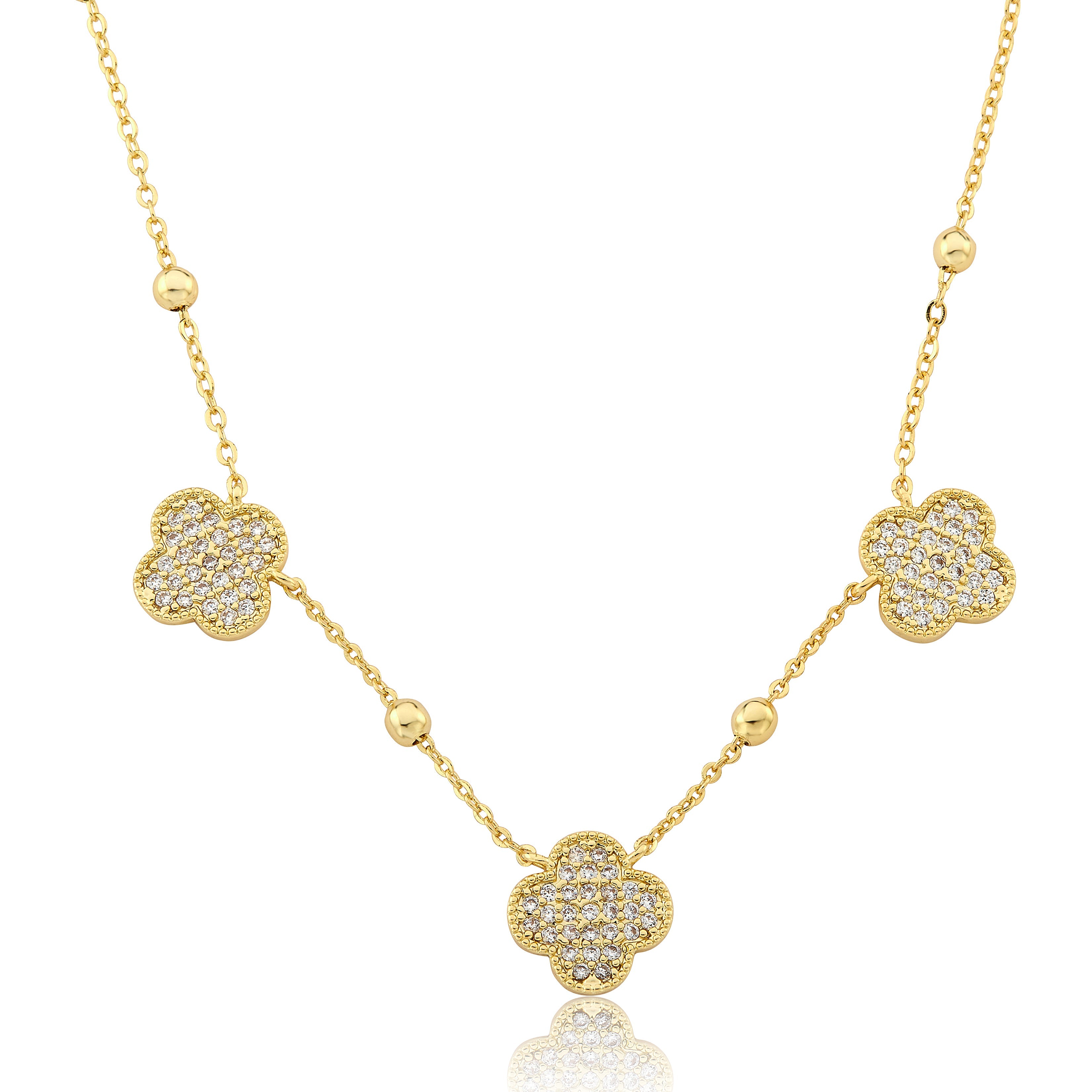 14K Gold Plated 3 Pave CZ Clover Pendants On Bead Necklace