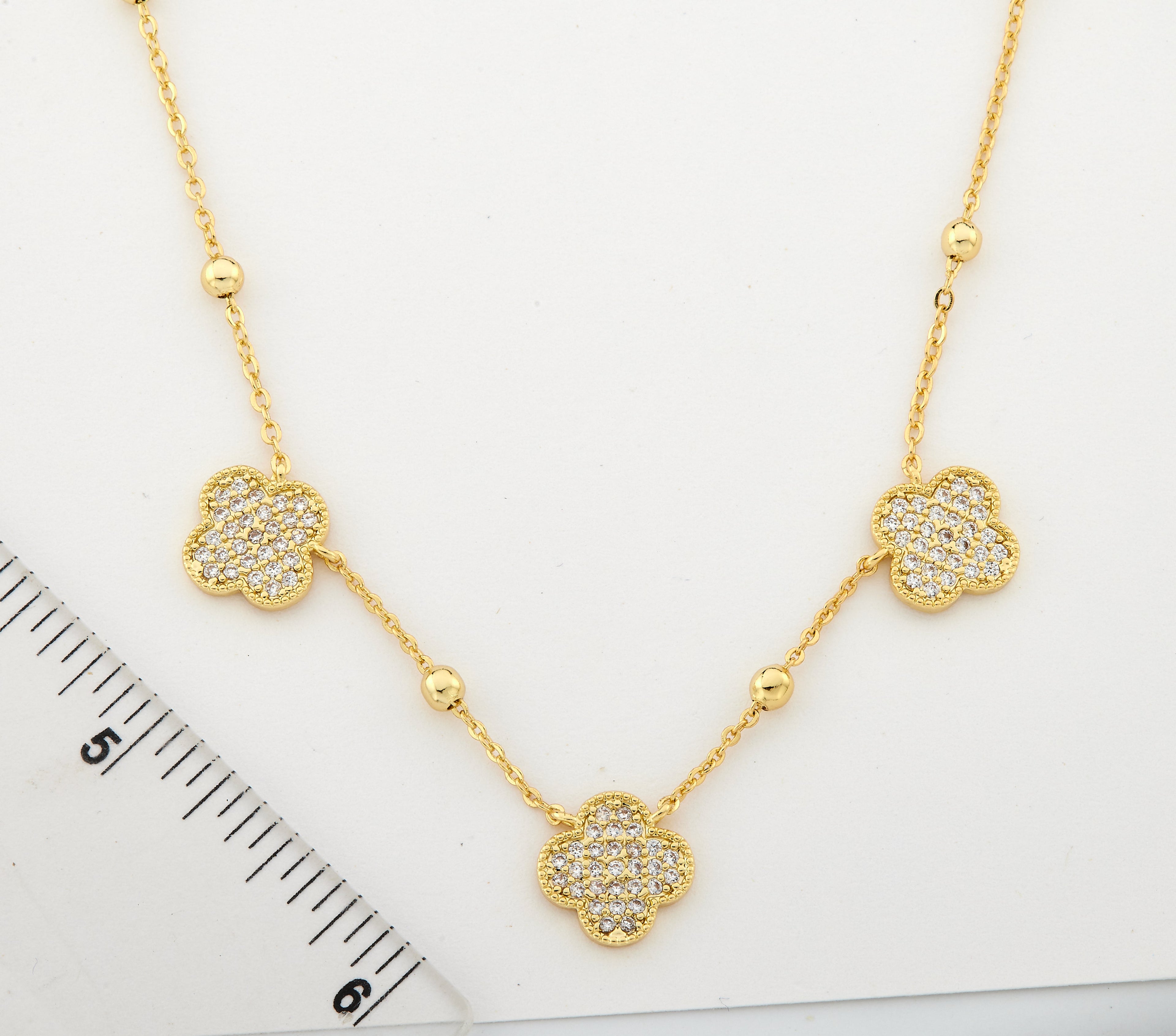 14K Gold Plated 3 Pave CZ Clover Pendants On Bead Necklace