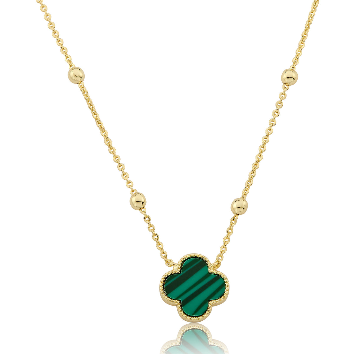 14K Gold Plated Clover Pendant On Bead Station Necklace