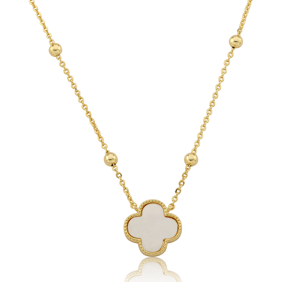 14K Gold Plated Clover Pendant On Bead Station Necklace
