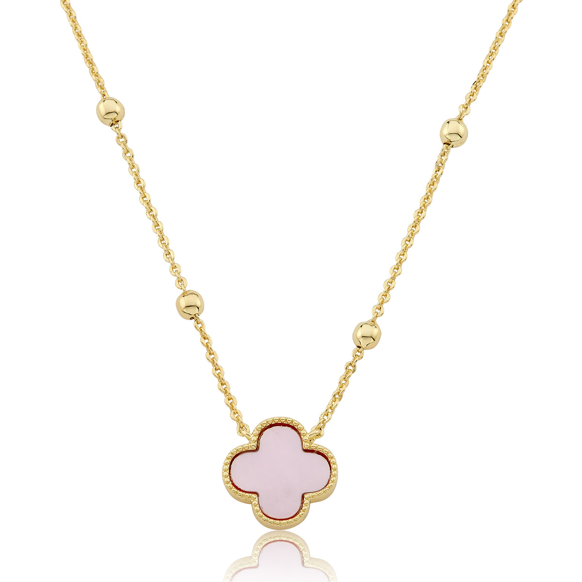 14K Gold Plated Clover Pendant On Bead Station Necklace