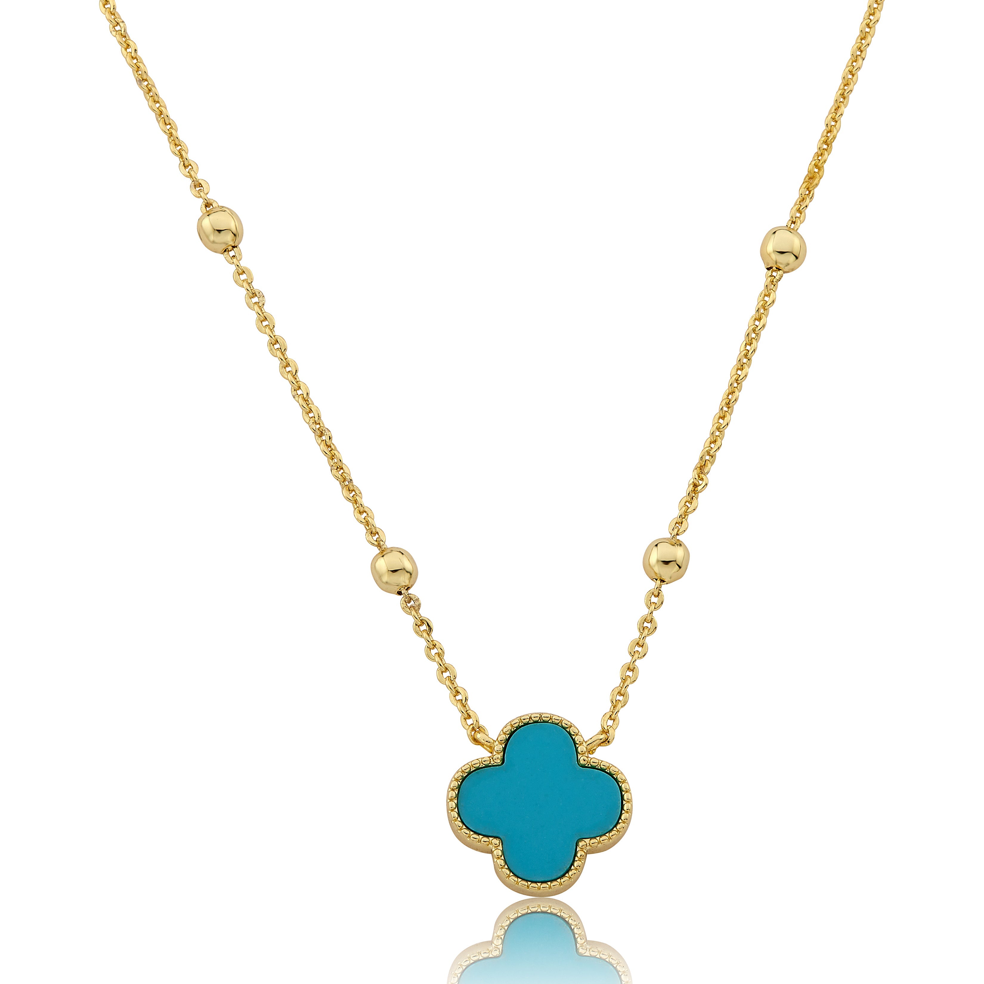 14K Gold Plated Clover Pendant On Bead Station Necklace