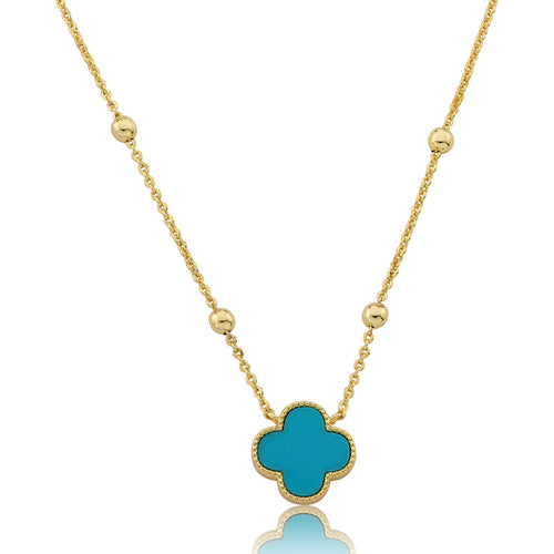 14K Gold Plated Clover Pendant On Bead Station Necklace
