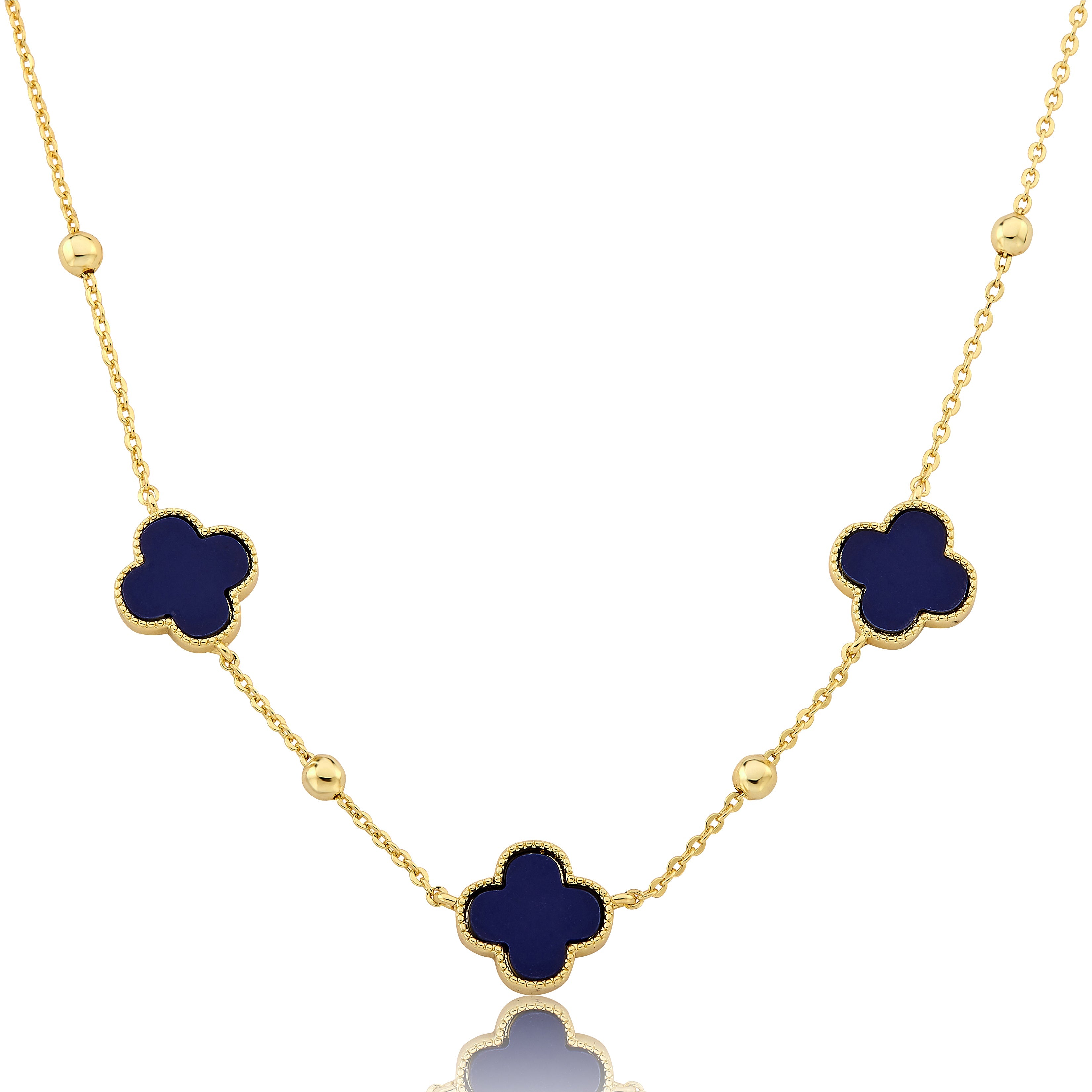 14K Gold Plated 3 Clover Pendant On Bead Station Necklace