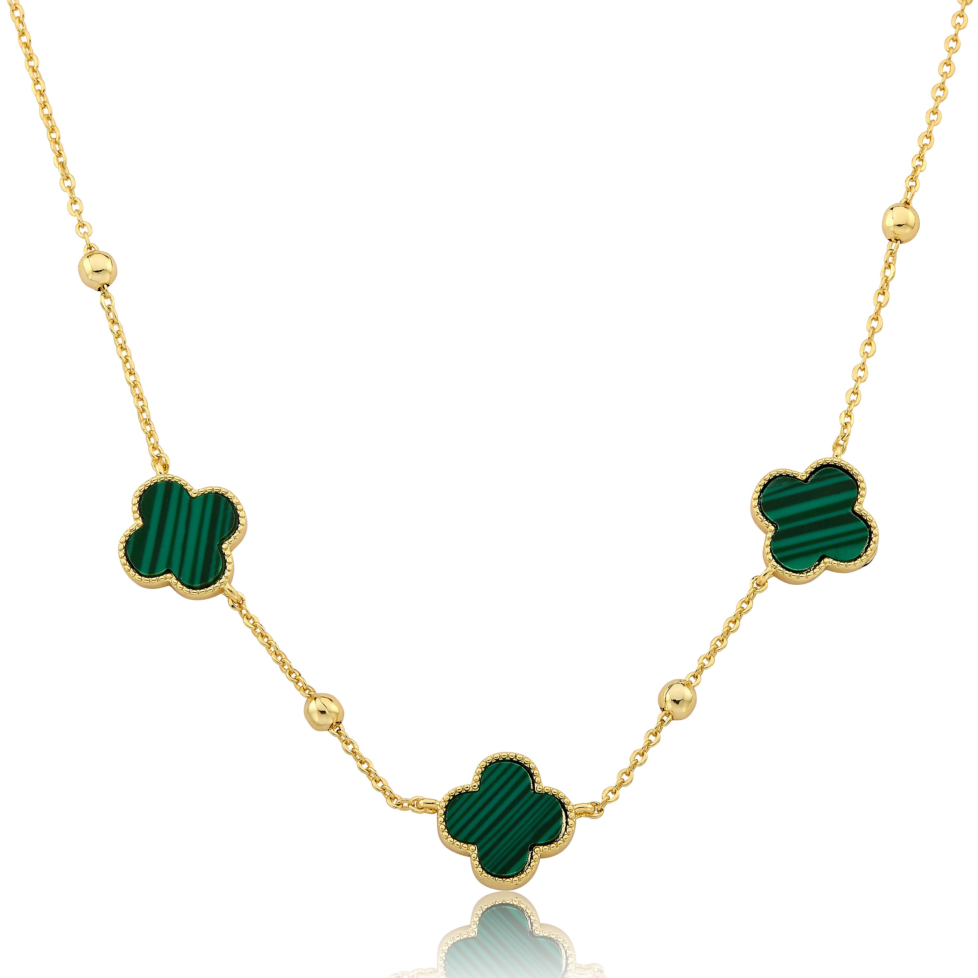 14K Gold Plated 3 Clover Pendant On Bead Station Necklace