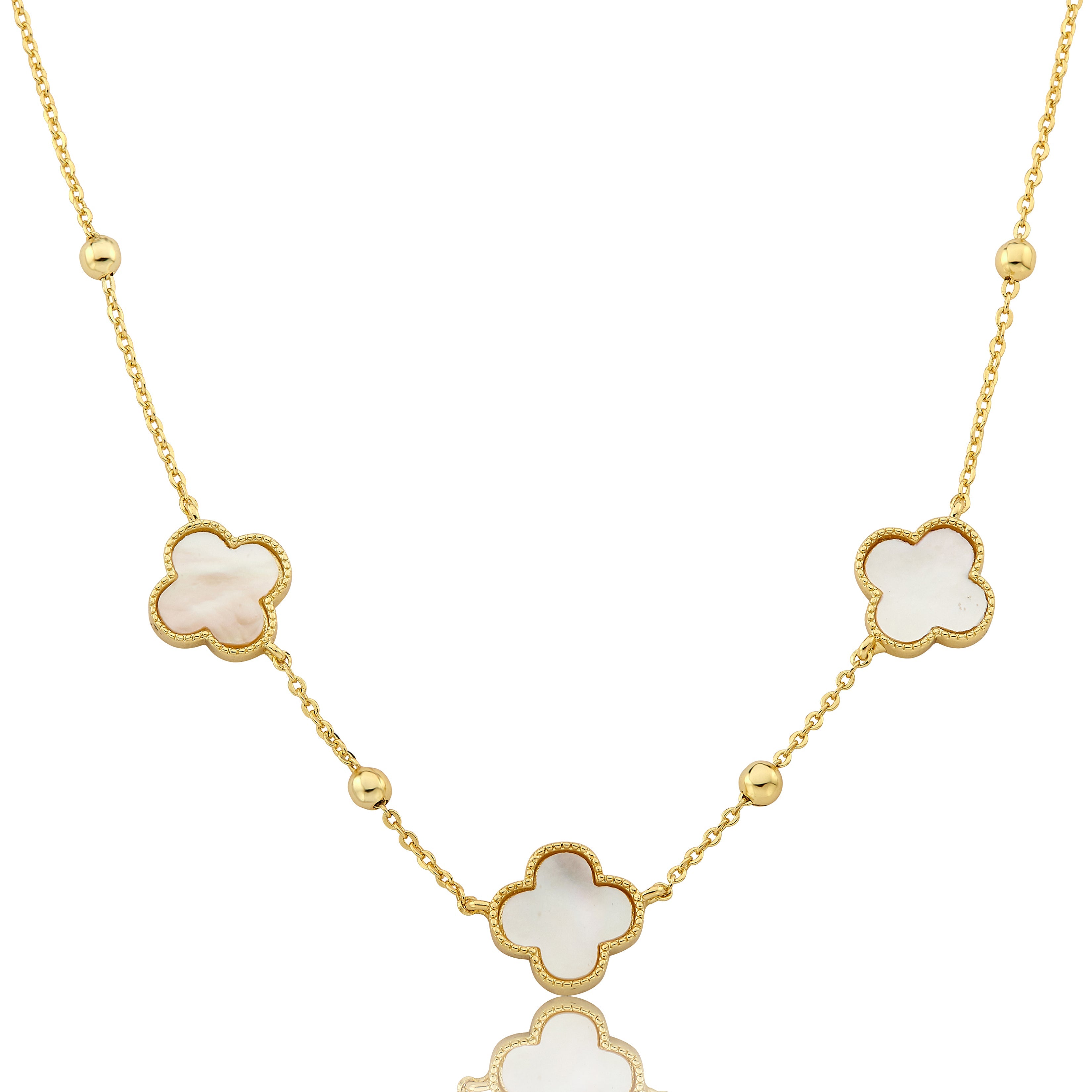 14K Gold Plated 3 Clover Pendant On Bead Station Necklace