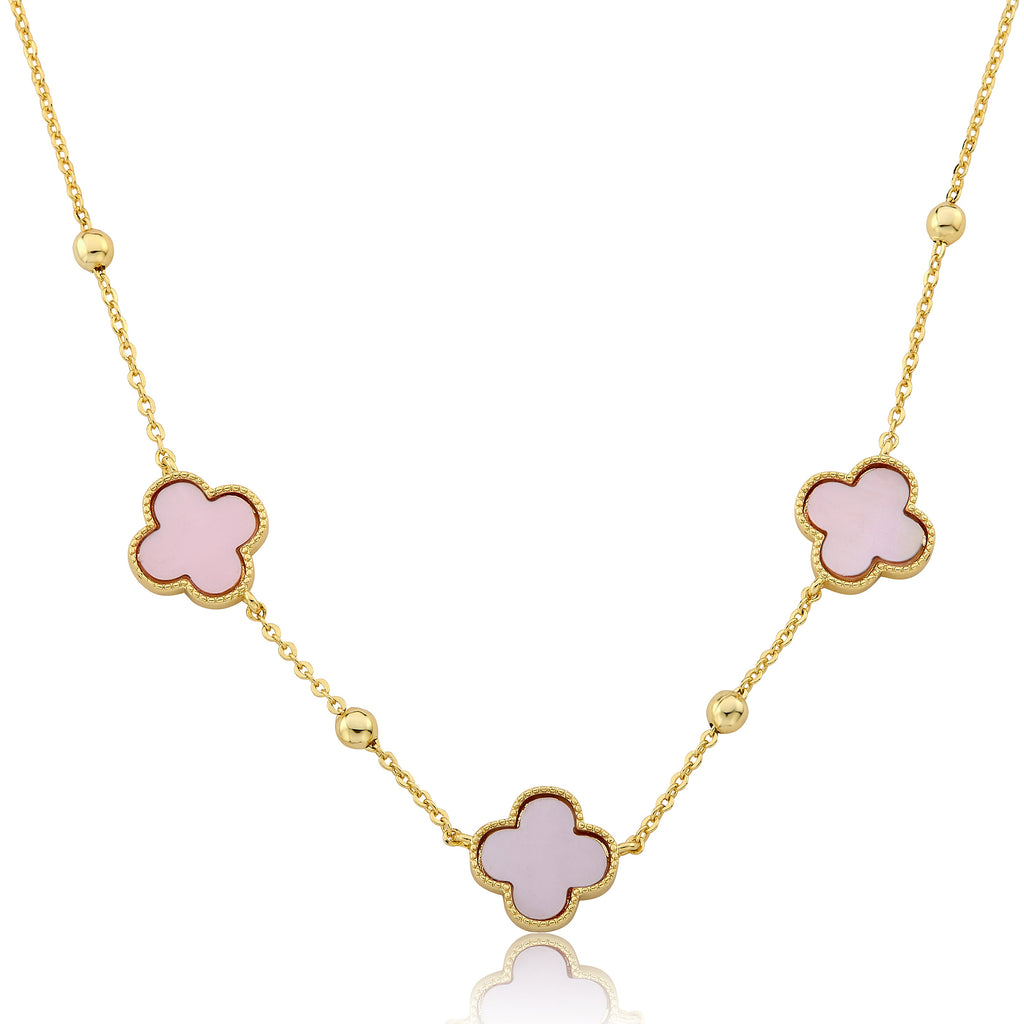 14K Gold Plated 3 Clover Pendant On Bead Station Necklace