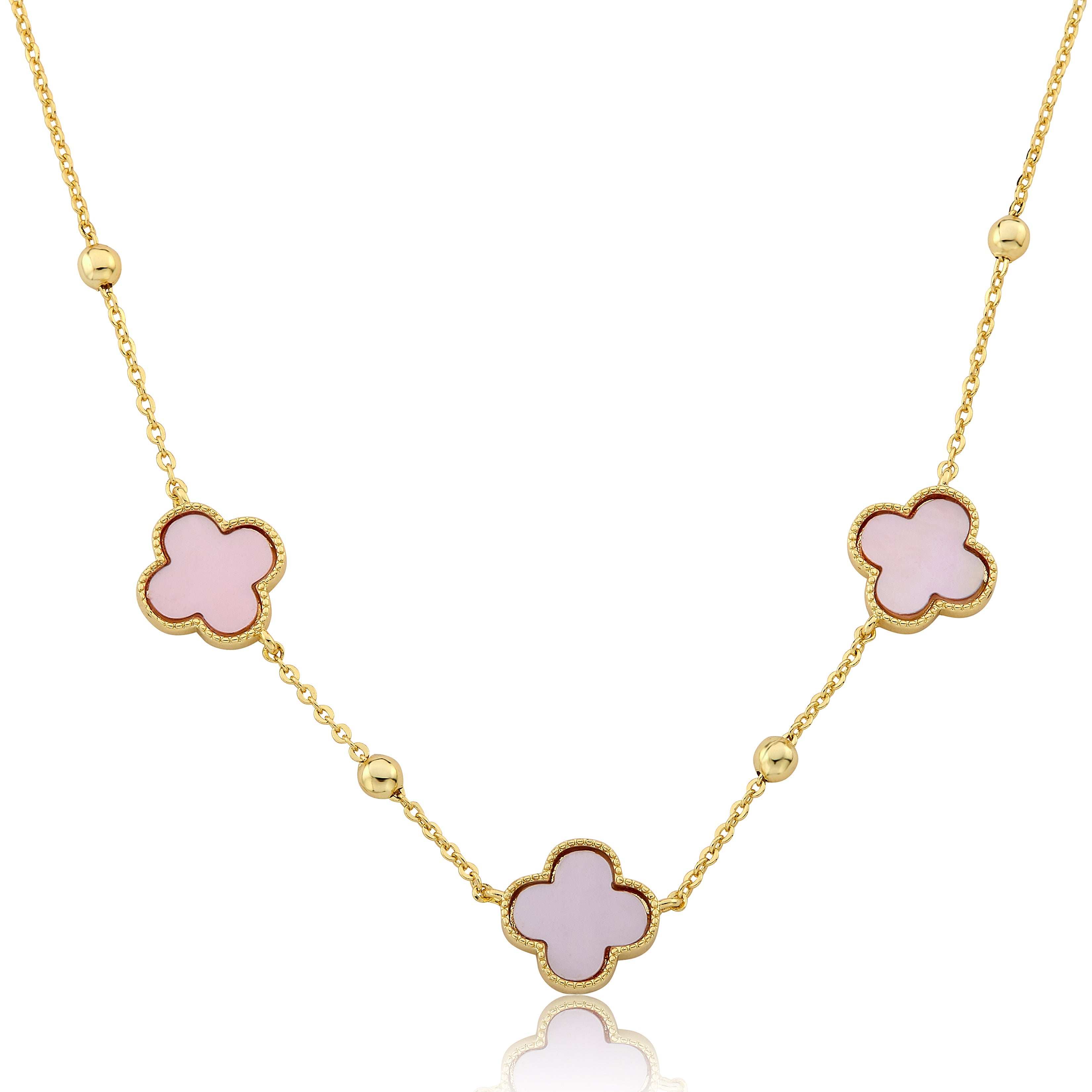 14K Gold Plated 3 Clover Pendant On Bead Station Necklace