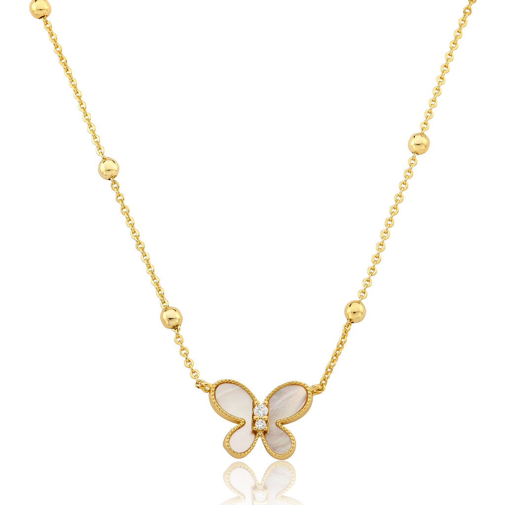14K Gold Plated Mother Of Pearl Butterfly Pendant On Bead Station Necklace