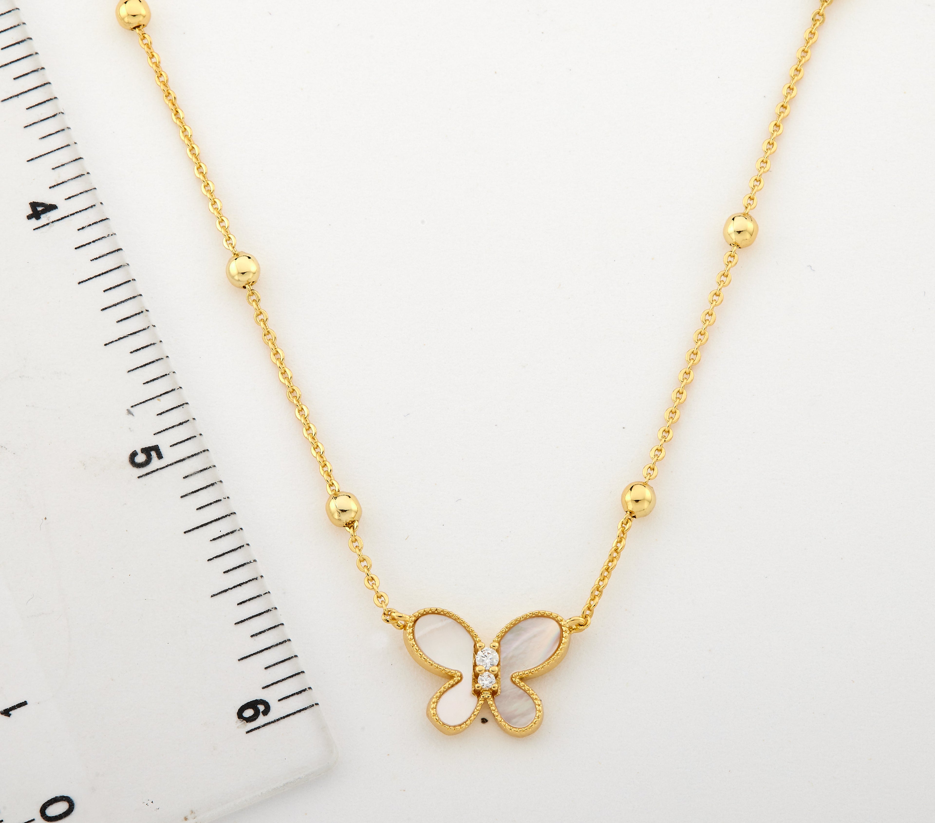14K Gold Plated Mother Of Pearl Butterfly Pendant On Bead Station Necklace
