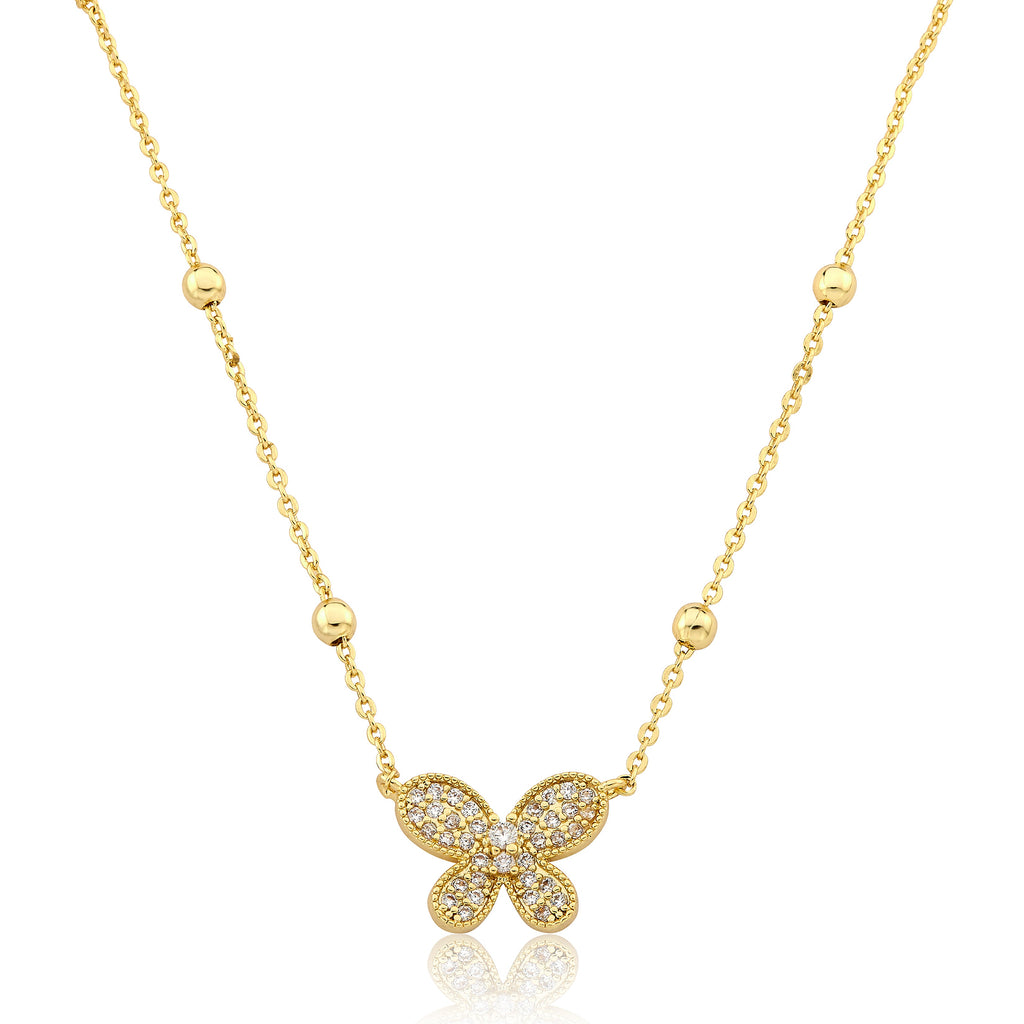 14K Gold Plated CZ Butterfly Pendant On Bead Station Necklace