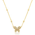 14K Gold Plated CZ Butterfly Pendant On Bead Station Necklace