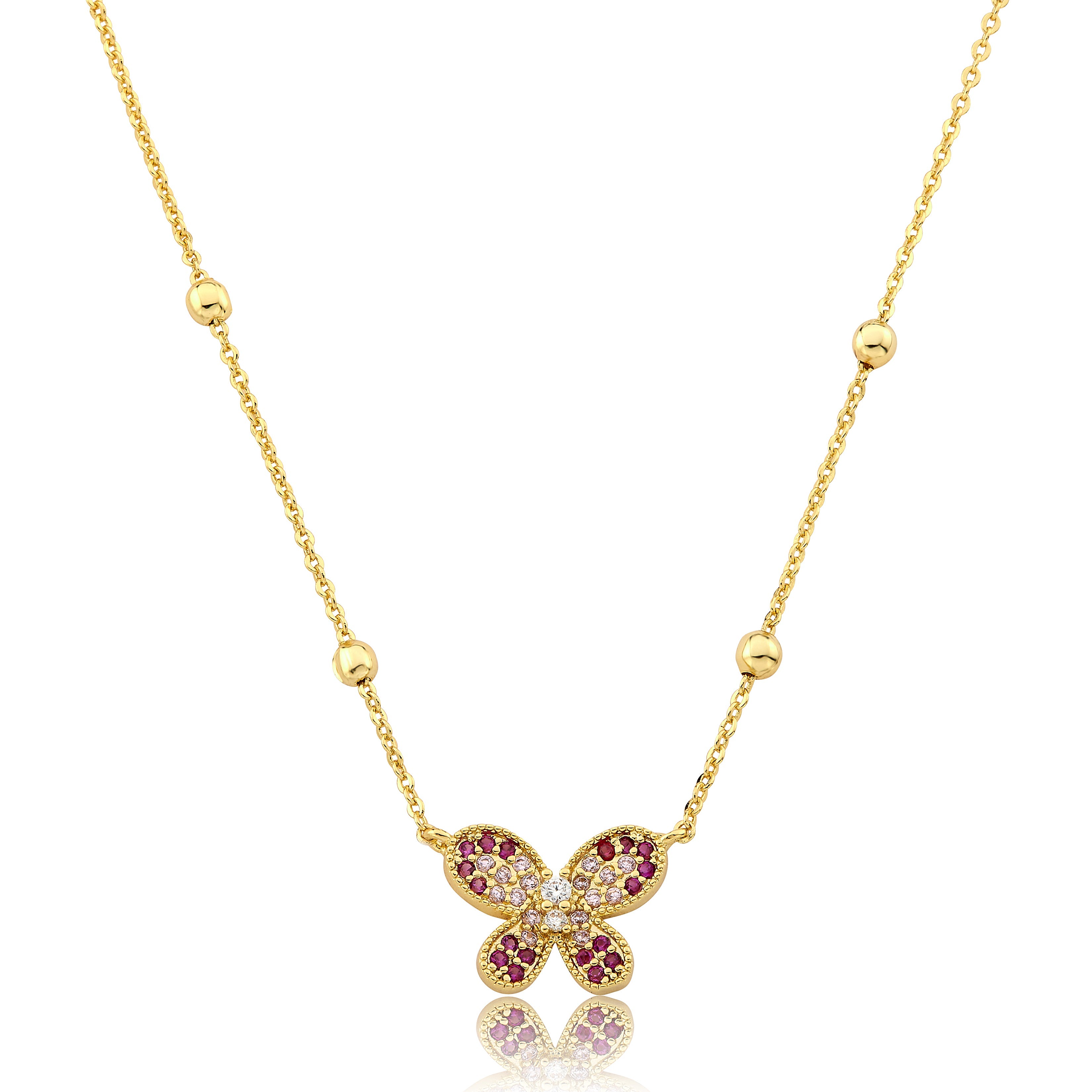 14K Gold Plated CZ Butterfly Pendant On Bead Station Necklace