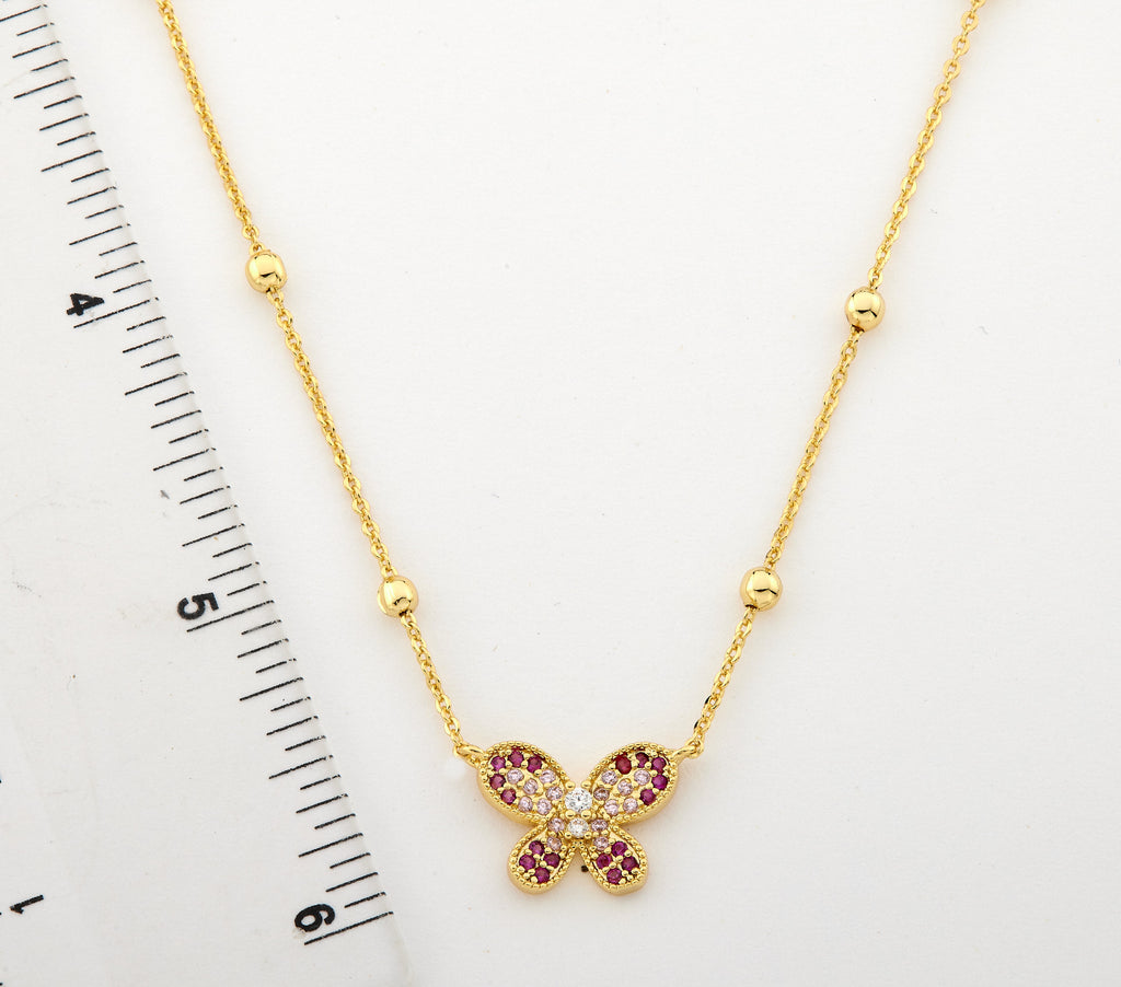 14K Gold Plated CZ Butterfly Pendant On Bead Station Necklace