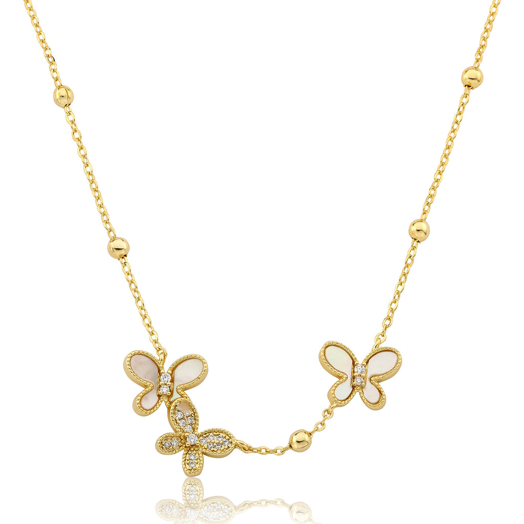 14K Gold Plated CZ &  Mother Of Pearl Butterflies On Bead Station Necklace