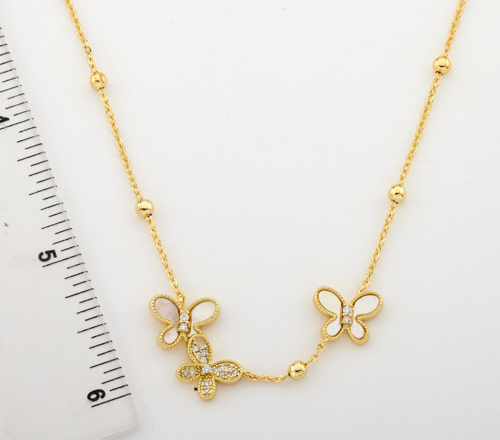 14K Gold Plated CZ &  Mother Of Pearl Butterflies On Bead Station Necklace