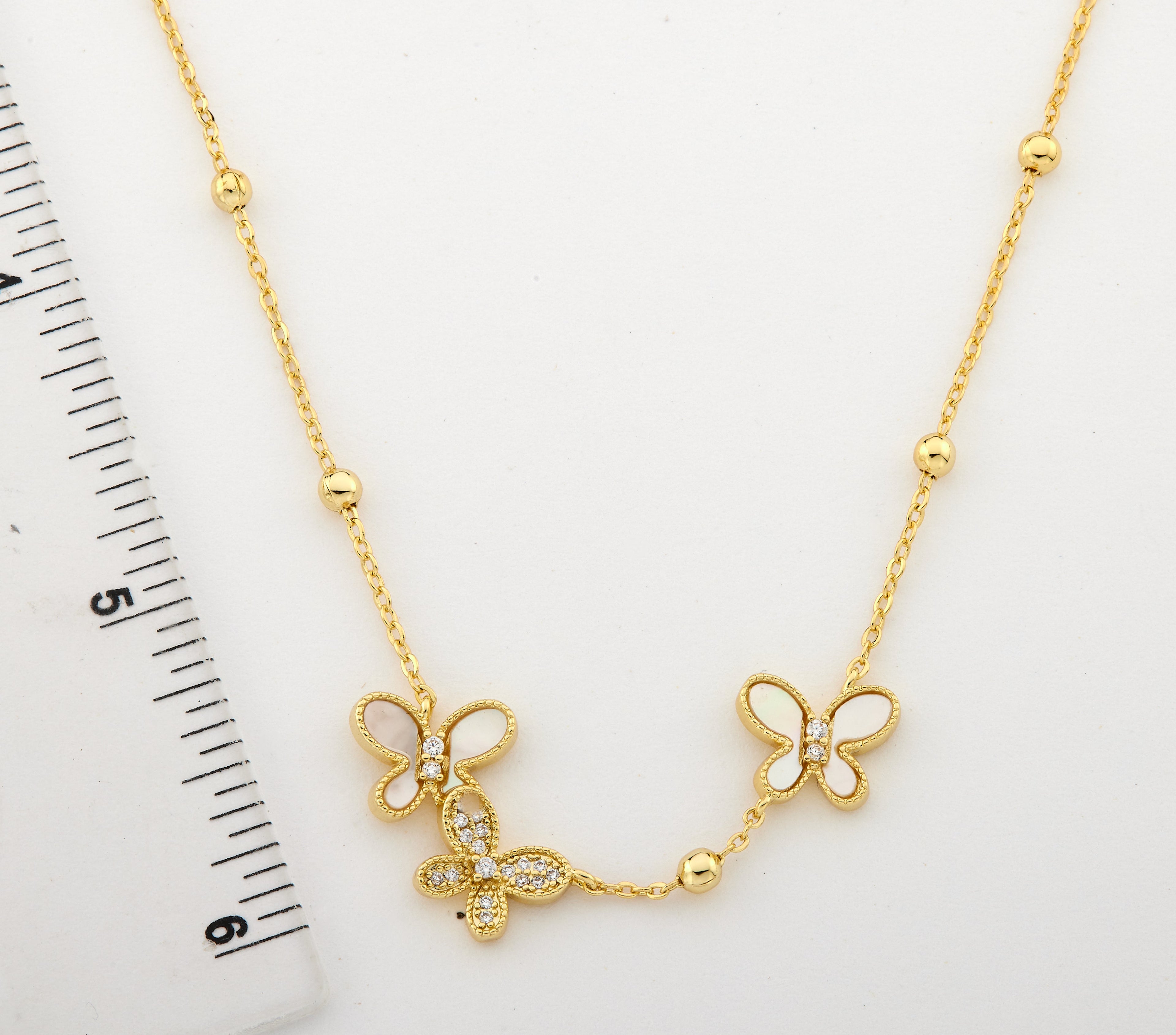 14K Gold Plated CZ &  Mother Of Pearl Butterflies On Bead Station Necklace