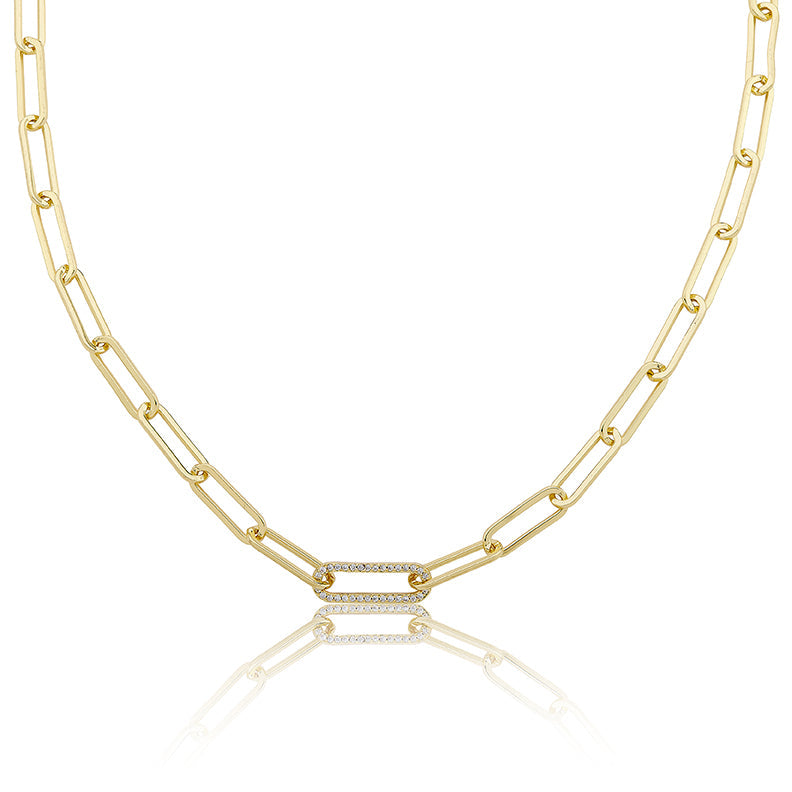 14K Gold Plated Links Chain Necklace With Pave Cz Center Link