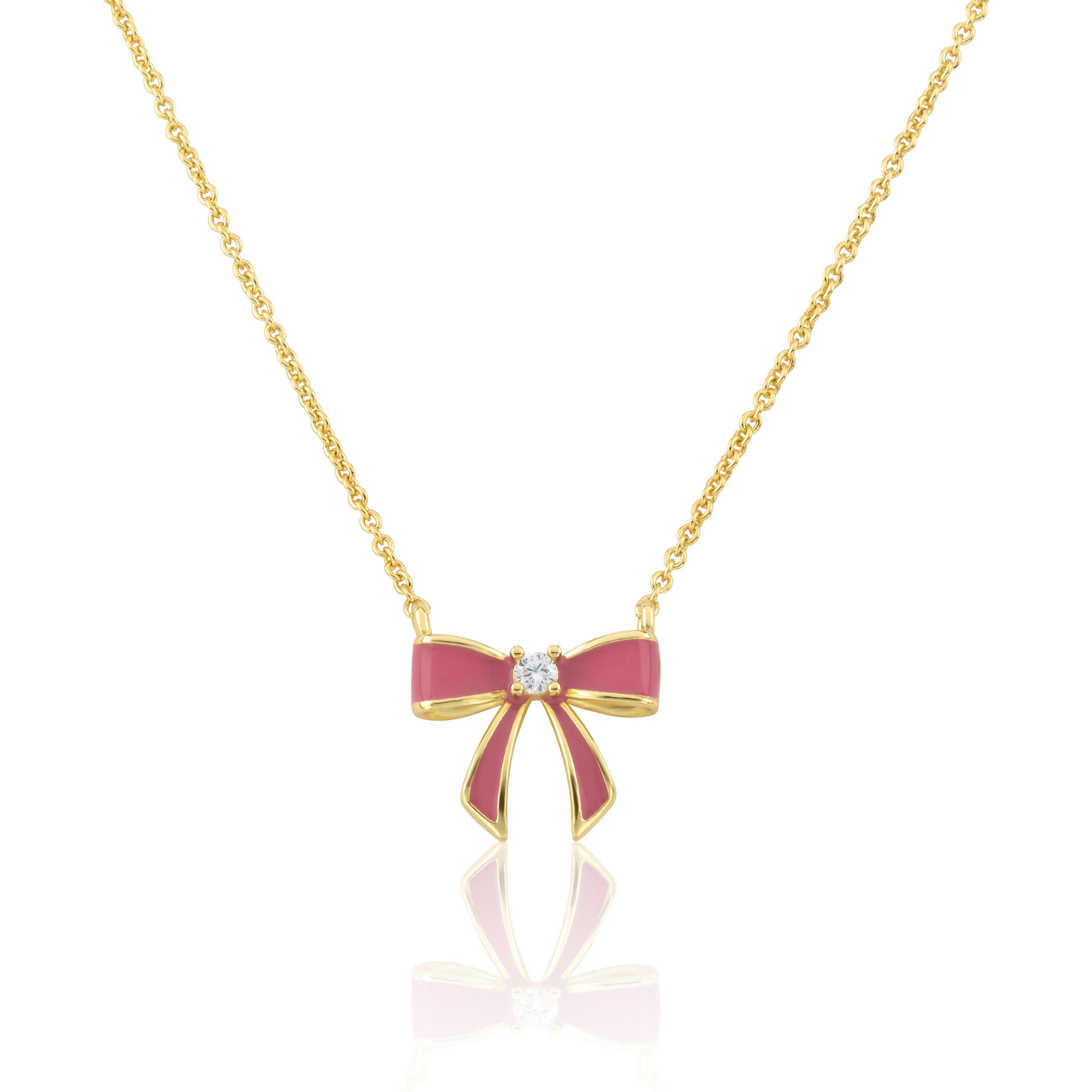 LMTS Classic! 14k Gold Plated Cz Center Enamel Bow Necklace