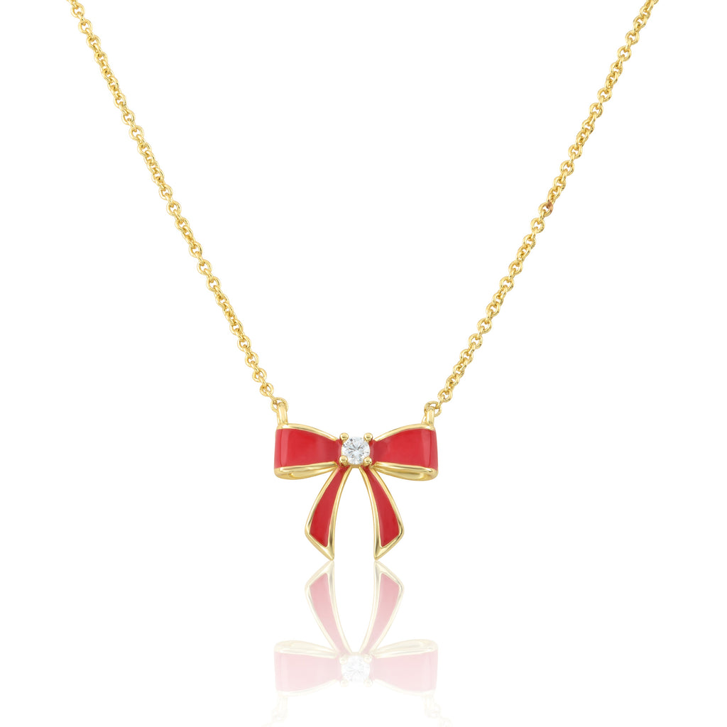 LMTS Classic! 14k Gold Plated Cz Center Enamel Bow Necklace