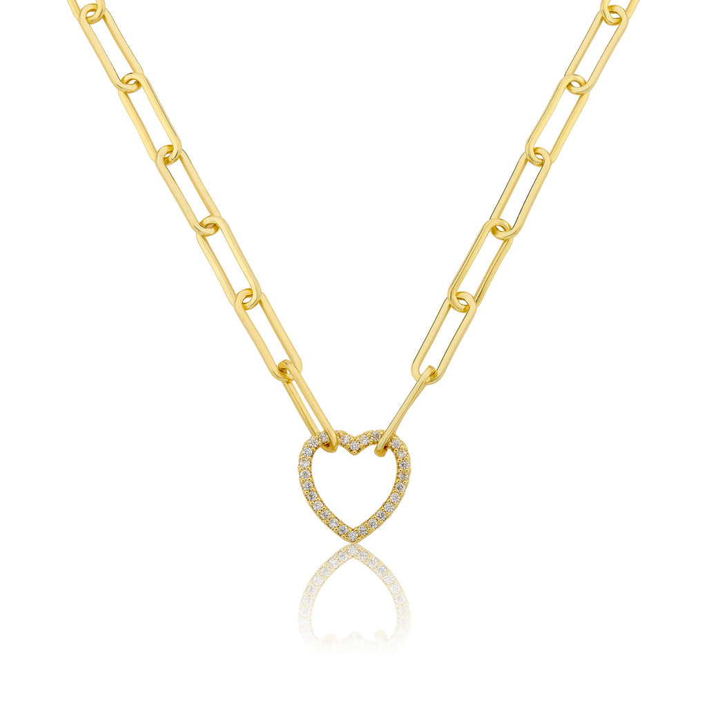 14K Gold Plated Links Chain Necklace With Cz Open Heart Center