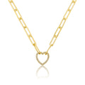 14K Gold Plated Links Chain Necklace With Cz Open Heart Center