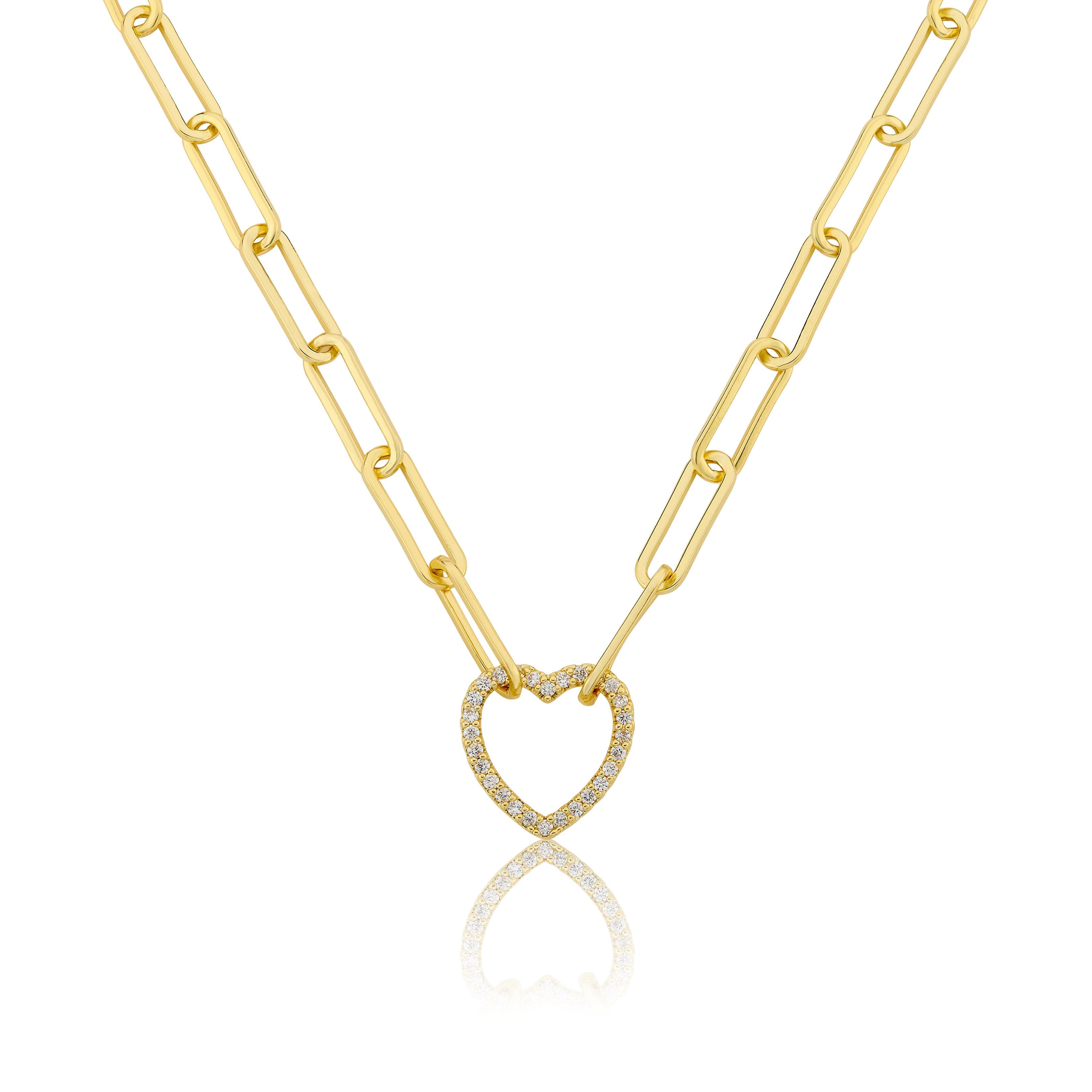14K Gold Plated Links Chain Necklace With Cz Open Heart Center