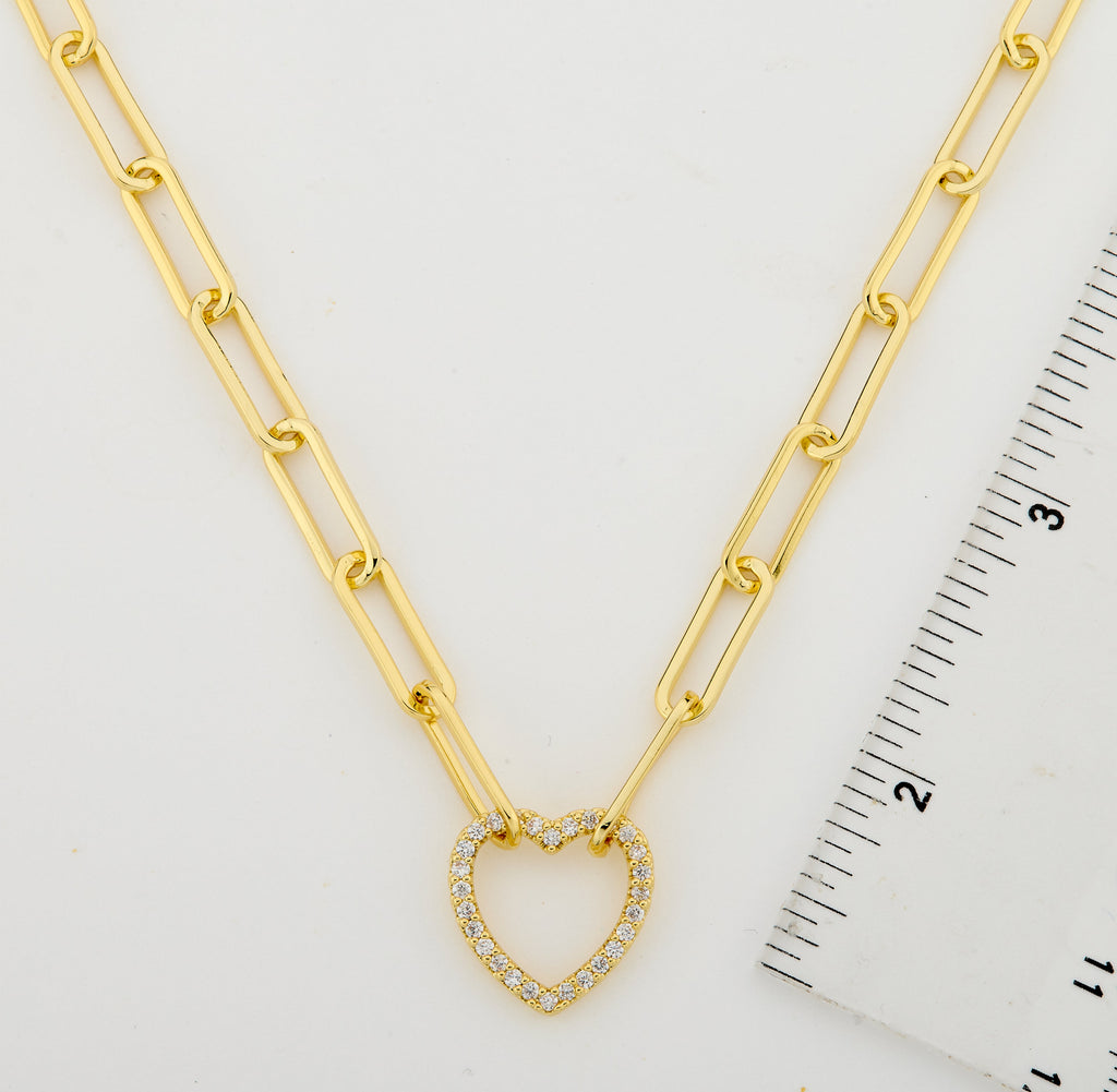 14K Gold Plated Links Chain Necklace With Cz Open Heart Center